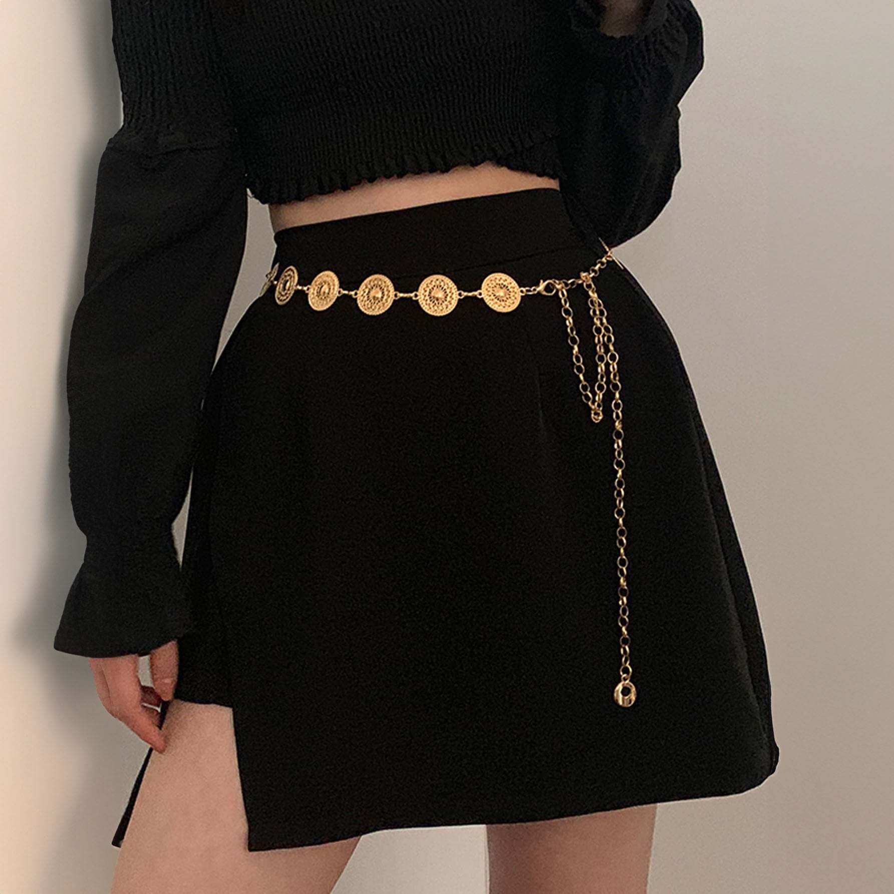 سلسلة خصر أنيقة على الطراز الفاخر شكل دائري، إكسسوار للفستان سلسلة أزياء مزينة بخرز مزيف ، لديكور الجسم - ذهبي