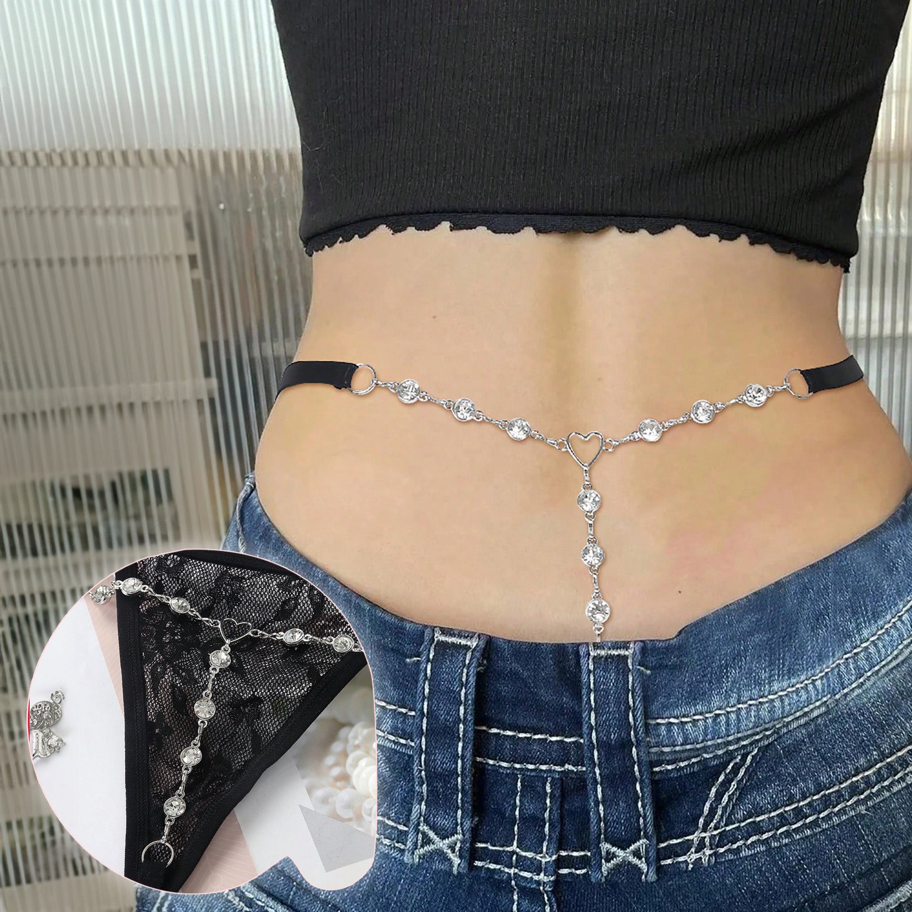 سلسلة جسم دانتيل أسود مزينة بكريستال زركونيا بتصميم قلب أنيق الإطلالات الجريئة - فضي