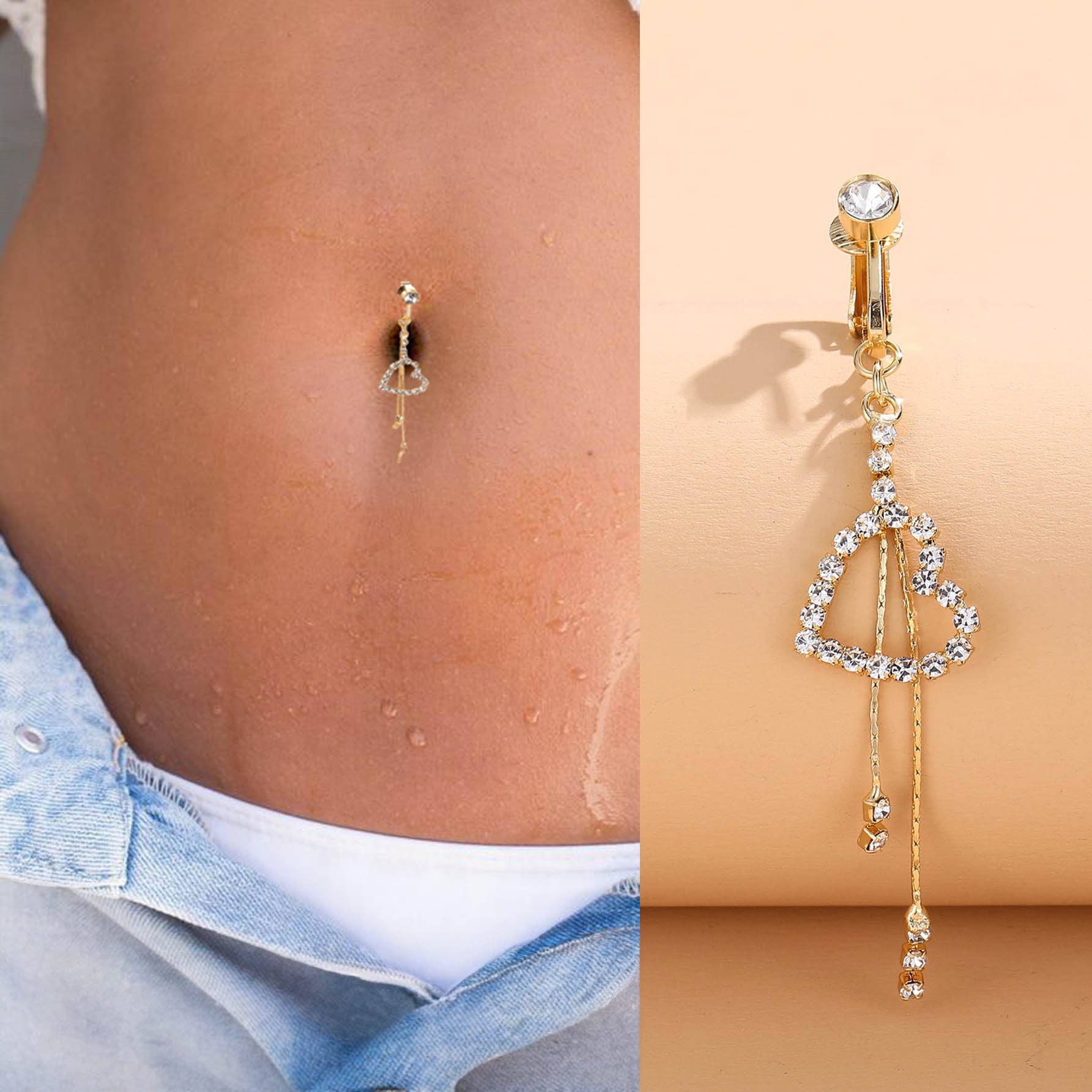 خاتم السرة من الفولاذ المقاوم للصدأ خاتم الموضة شكل القلب مكعب زركونيا غير خارقة سرة البطن للنساء ، مجوهرات ثقب البطن الكلاسيكية للارتداء اليومي | قطعة واحدة | ذهبي