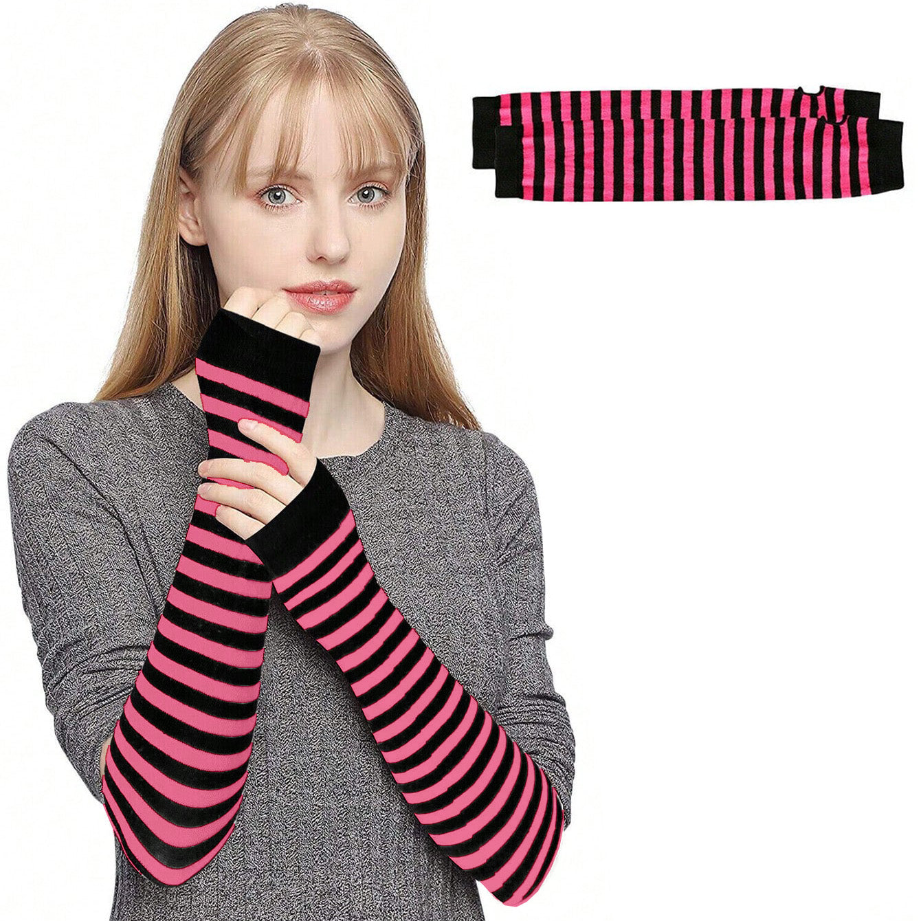 زوج من القفازات الشتوية طويلة بدون أصابع متماسكة قفازات لثقب الإبهام لتدفئة الذراع للنساء والفتيات ، حفلة استخدام زوج واحد -نبيتي X اسود