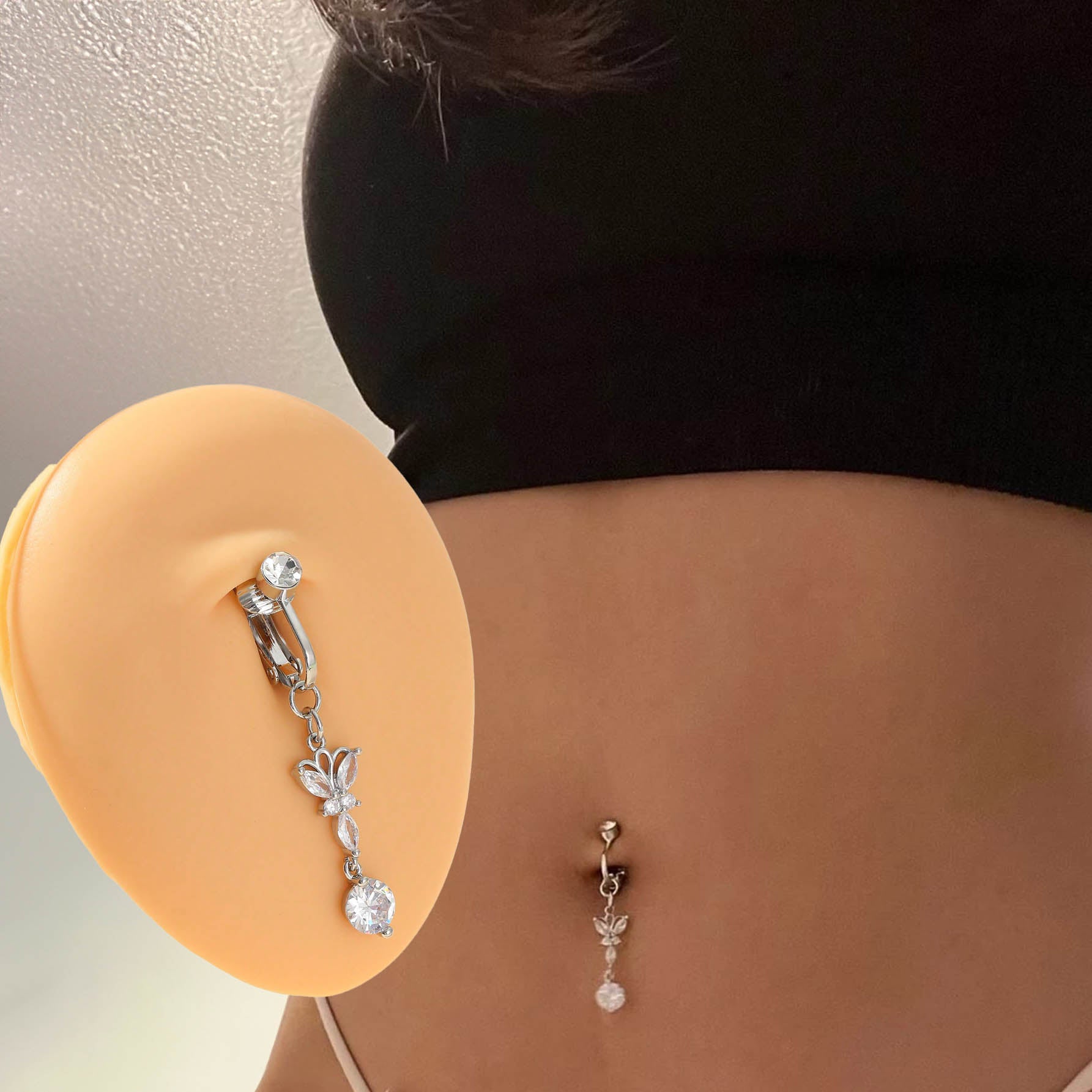 خاتم السرة من الفولاذ المقاوم للصدأ قطعة واحدة ثقب مزيف حلقة سرة بطن مع وردي بتصميم فراشة الى للنساء مجوهرات نحاس مجوهرات غير خارقة سرة البطن للنساء ، مجوهرات ثقب البطن مشبك | قطعة واحدة | فضي