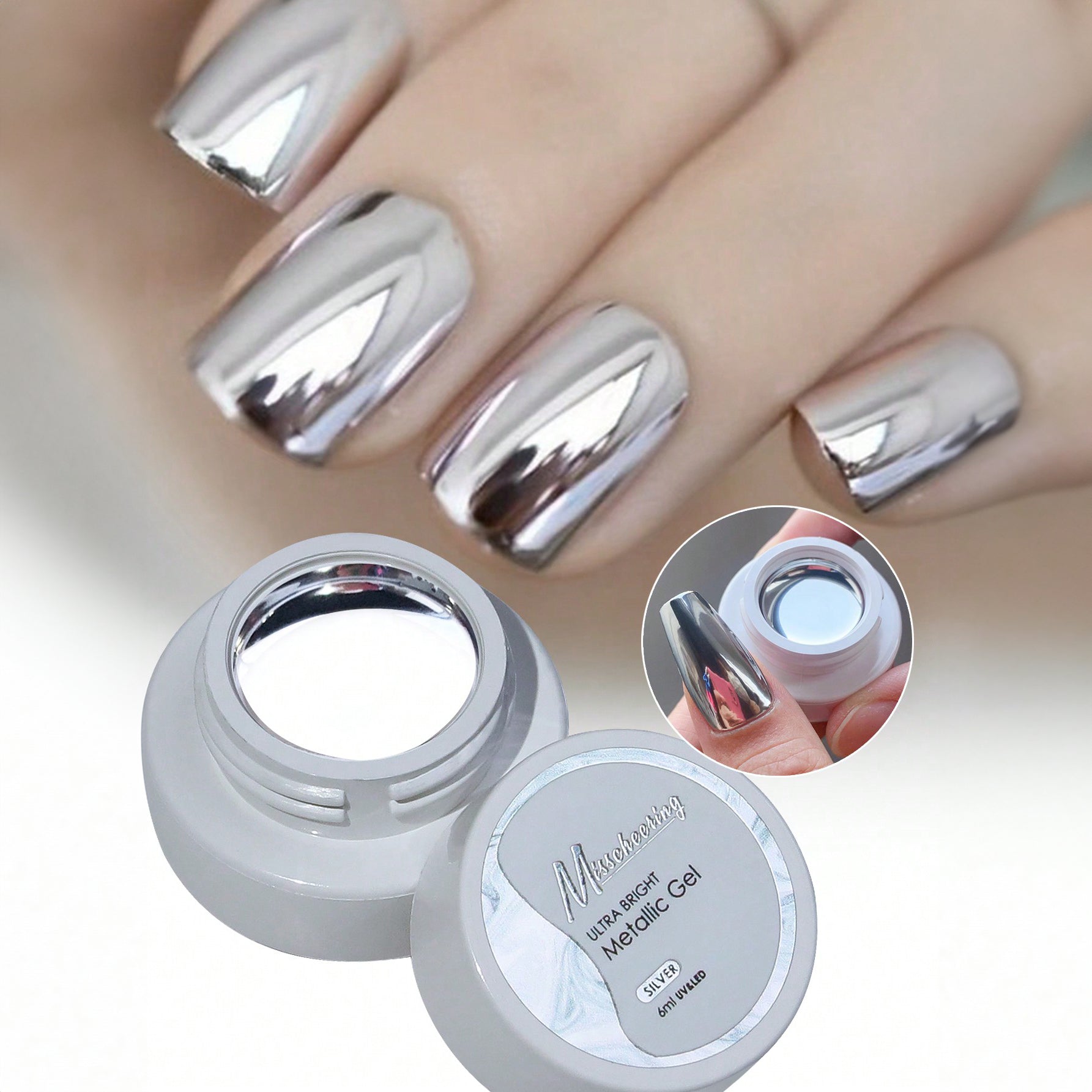 طلاء أظافر جلي جل سائل لامع للمعدن المرآة - 8 جرام | ألوان ذهب، فضة، وذهب وردي | تصميم ثلاثي الأبعاد ومثالي لصالونات الأظافر - فضي