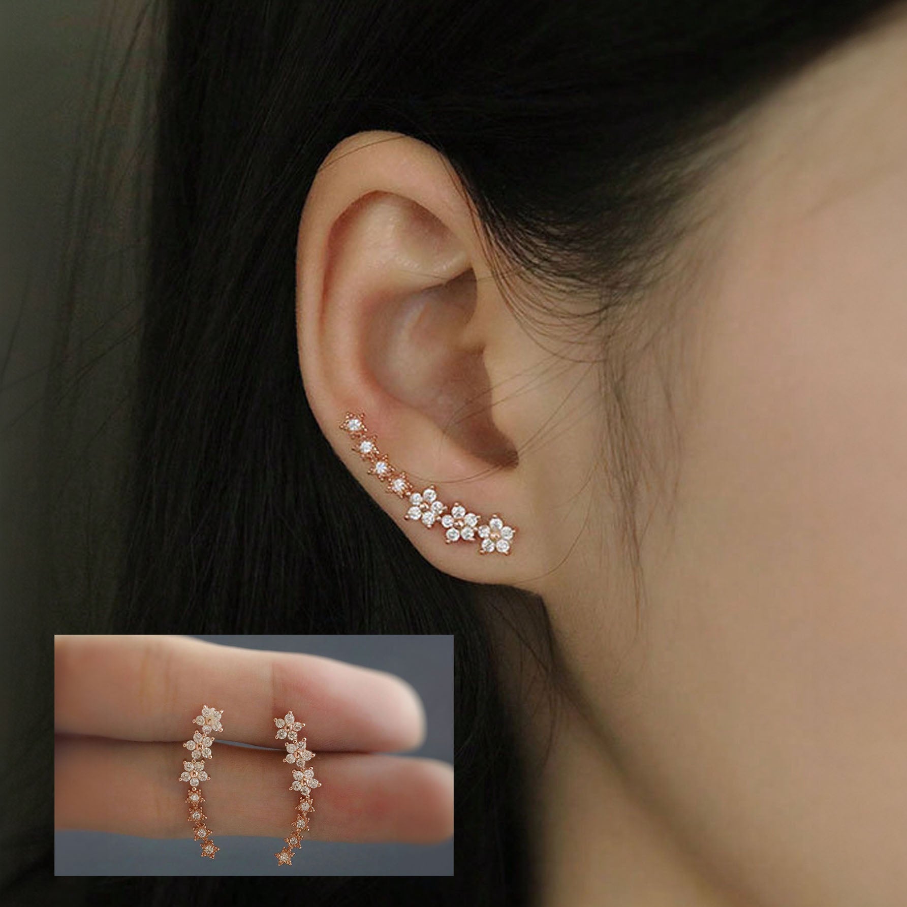 بيرسنج للاذن من الفولاذ المقاوم للصدأ لا تسبب الحساسية زوج من أقراط قلادة النجوم الكلاسيكية الأوروبية والأمريكية المرصعة بالراين، أقراط متدلية فاخرة مرصعة بالزركونات للنساء - زهور