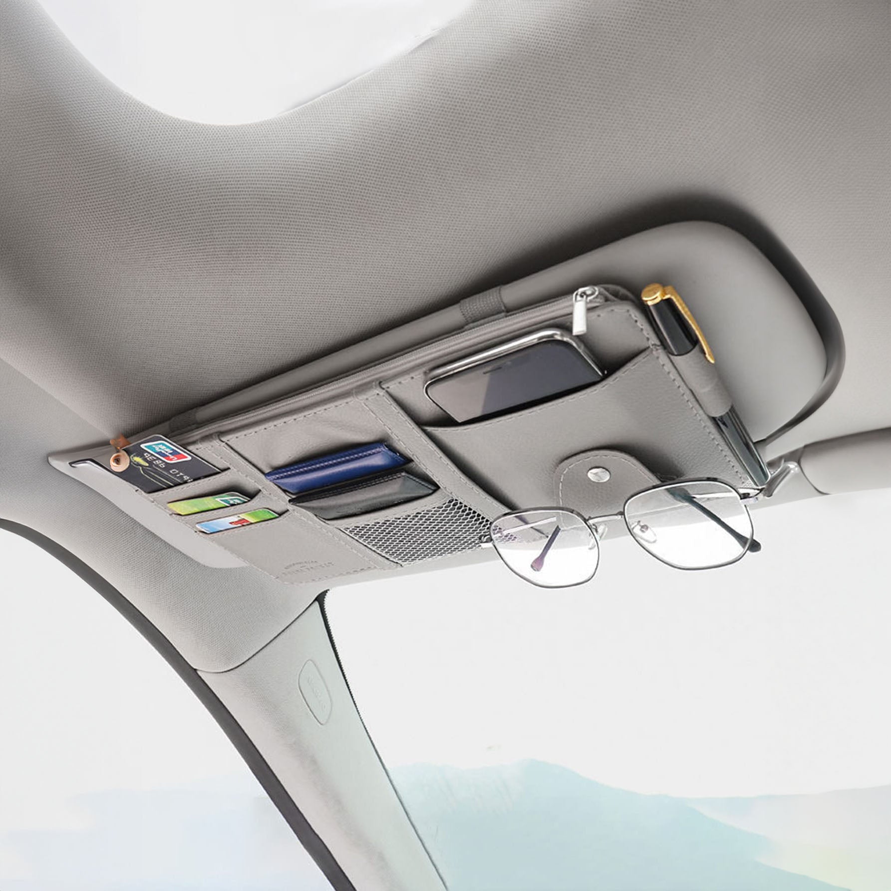 قم بزيادة حاجب الشمس الخاص بسيارتك إلى الحد الأقصى باستخدام هذا المنظم الأنيق المزود بجيب بسحاب - مثالي للنظارات الشمسية والنظارات - رمادي