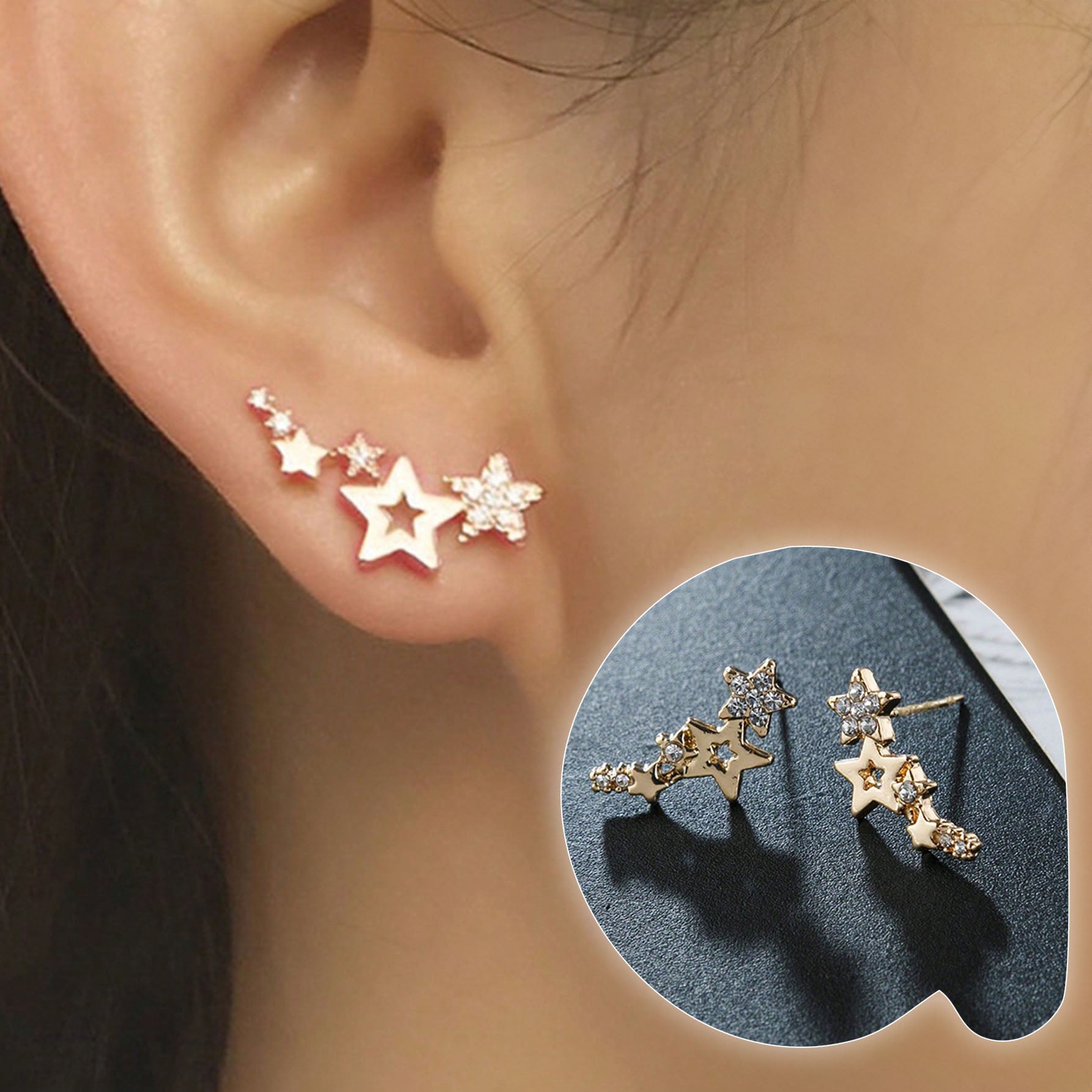 بيرسنج للاذن من الفولاذ المقاوم للصدأ لا تسبب الحساسية زوج من أقراط قلادة النجوم الكلاسيكية الأوروبية والأمريكية المرصعة بالراين، أقراط متدلية فاخرة مرصعة بالزركونات للنساء - نجوم ذهبي