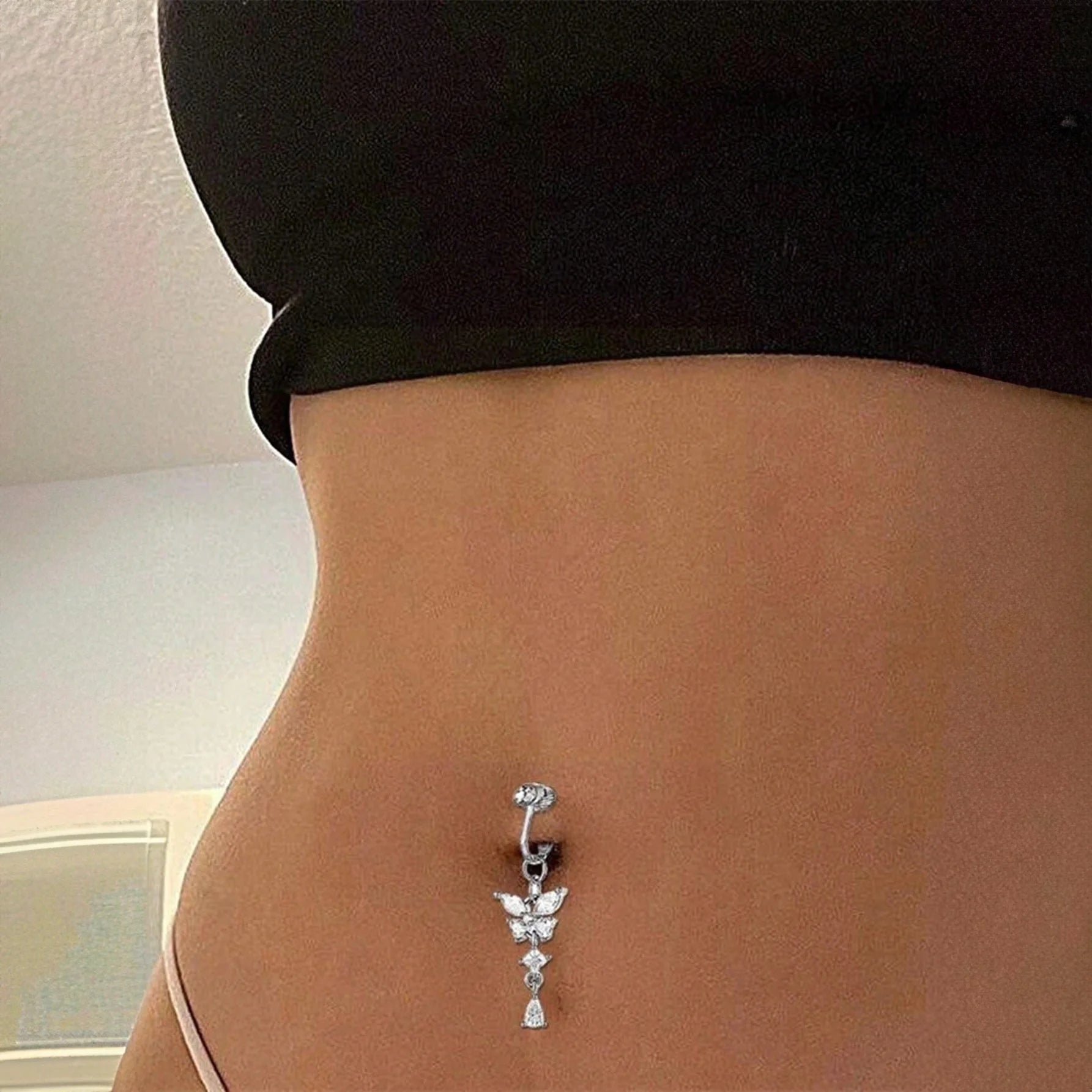 حلقة سرة بطن حجر الراين زخرفة فراشة للنساء الى اليومي خاتم سرة البطن من الستيل الجراحي لا يسبب الحساسية خاتم سرة البطن للنساء -  قطعة واحدة | Copper Nose Cuff Copper اقراط انف البطن السره الصرة بدون ثقوب بدون خرم بيرسنج بيرسنج شفاه حلقة أنف حلقة الصرة سرة