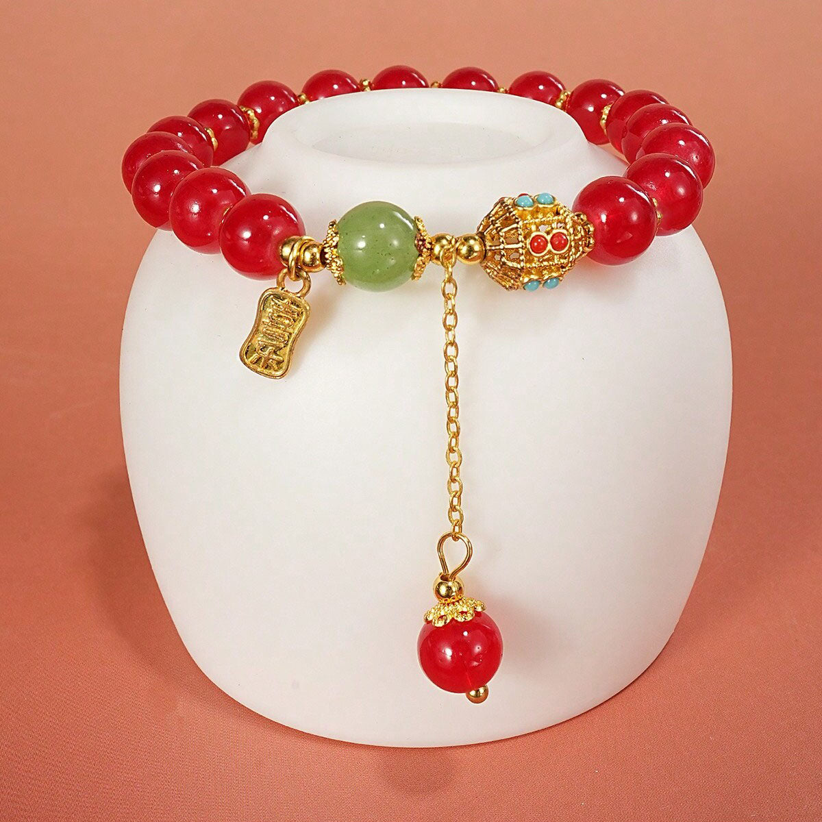 سوار فاخر للجنسين من الأحجار الكريمة سوار حظ رجالي ونسائي من حجر العقيق الأحمر بتصميم عتيق، مصنوع يدويًا من خرز زجاجي