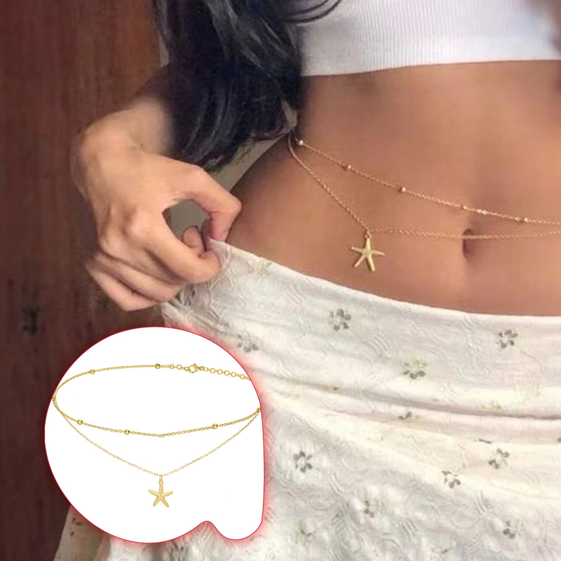 سلسلة خصر بوهيمية متعددة الطبقات مزينة بنجوم وأشكال هندسية – لون ذهبي