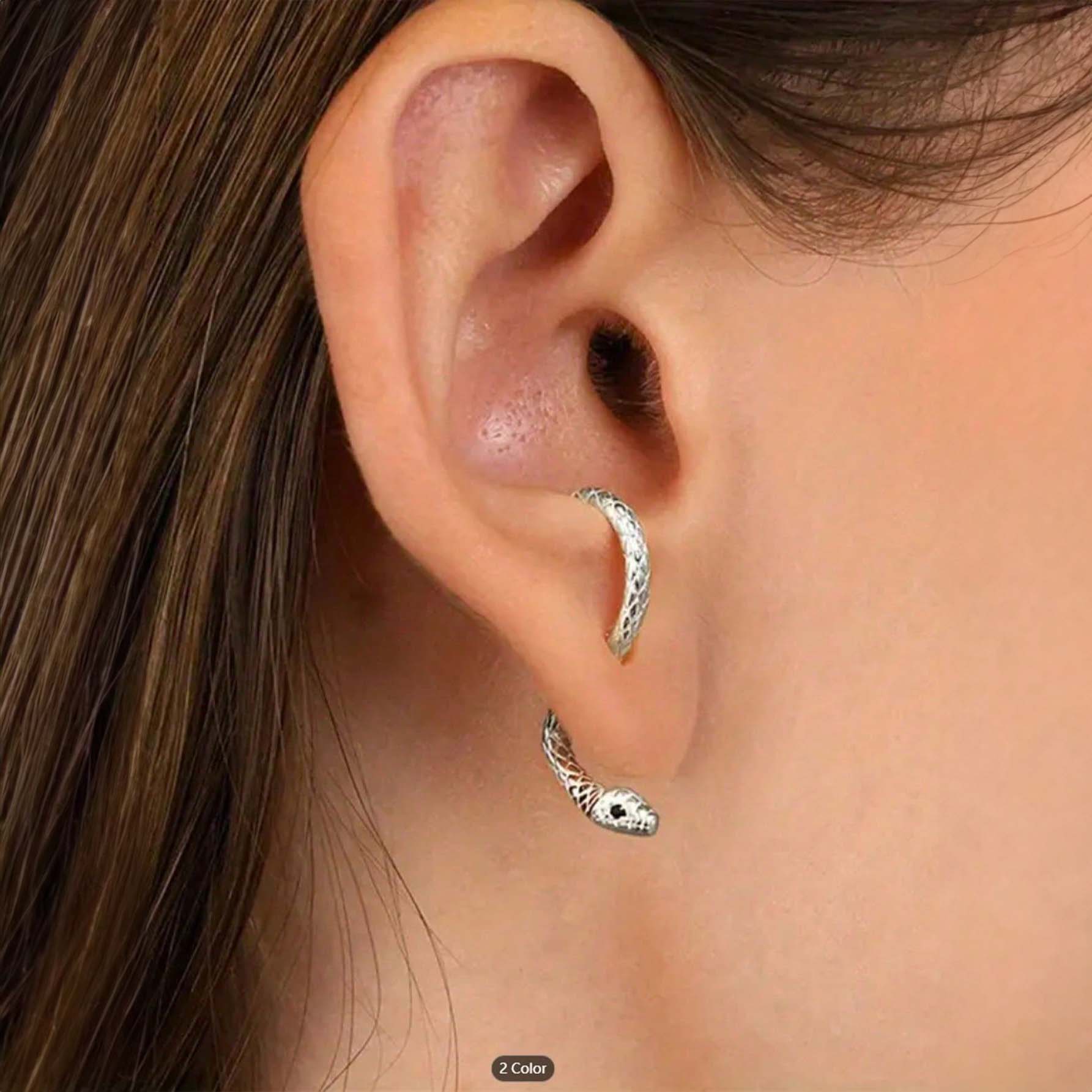 بيرسنج للاذن من الفولاذ المقاوم للصدأ لا تسبب الحساسية أقراط حلق غريبة الشكل على شكل ثعبان أمامي وخلفي للنساء - A450