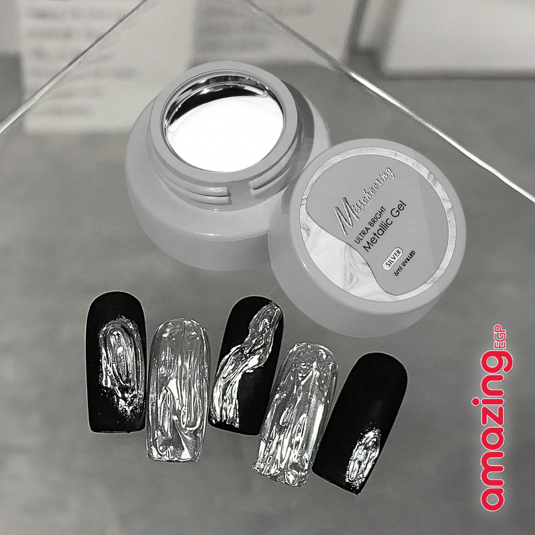 طلاء أظافر جلي جل سائل لامع للمعدن المرآة - 8 جرام | ألوان ذهب، فضة، وذهب وردي | تصميم ثلاثي الأبعاد ومثالي لصالونات الأظافر - فضي