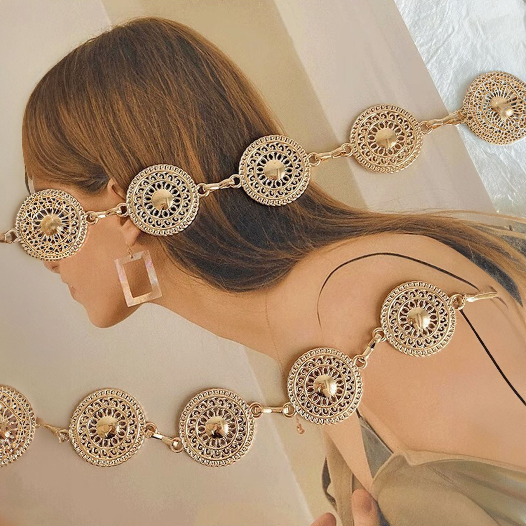 سلسلة خصر أنيقة على الطراز الفاخر شكل دائري، إكسسوار للفستان سلسلة أزياء مزينة بخرز مزيف ، لديكور الجسم - ذهبي