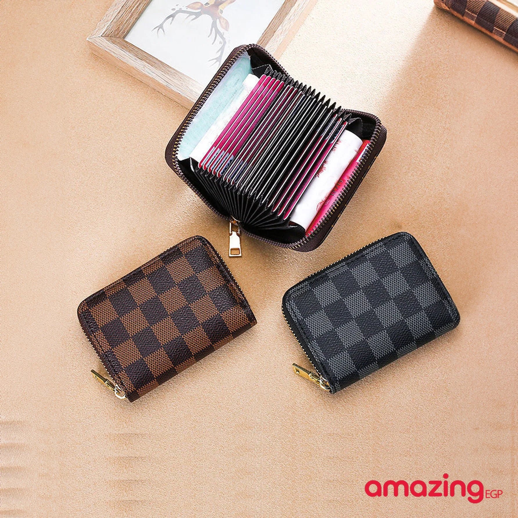 محفظة جلدية لحمل البطاقات والعملات المعدنية  حقيبة بني مربعات ملونة سستة الأكورديون للنساء والفتيات - بني | ازياء شنط صغيرة شنطة محافظ محافظ نسائي محفظة محفظة كربون ملابس_نسائي نساء نقود | amazingEGP