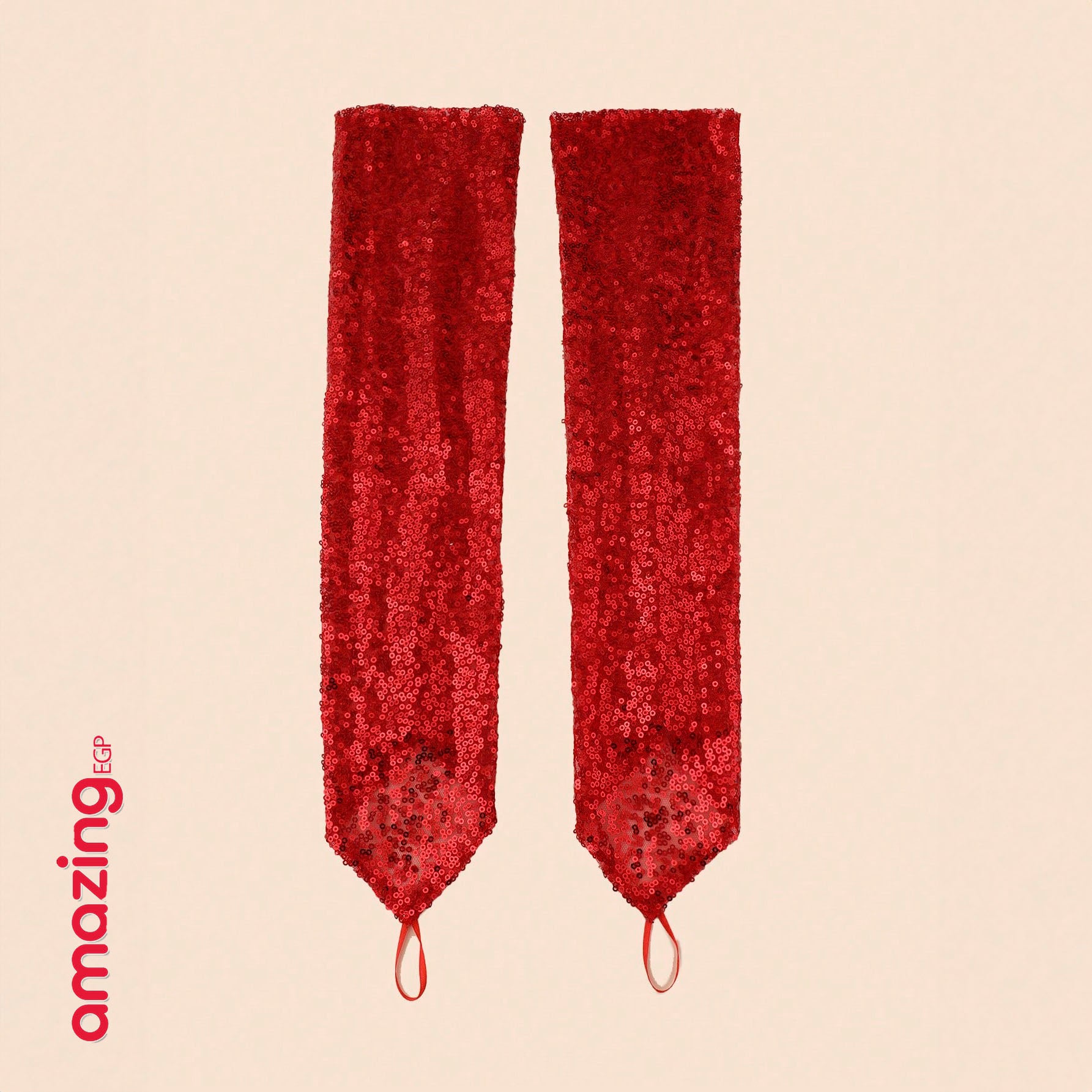 زوج من القفازات الطويلة بدون أصابع للنساء، مزين بترتر عاكسة، مناسب للحفلات - قفازات حفلات طويلة بترتر أحمر لامع – تصميم بدون أصابع للنساء