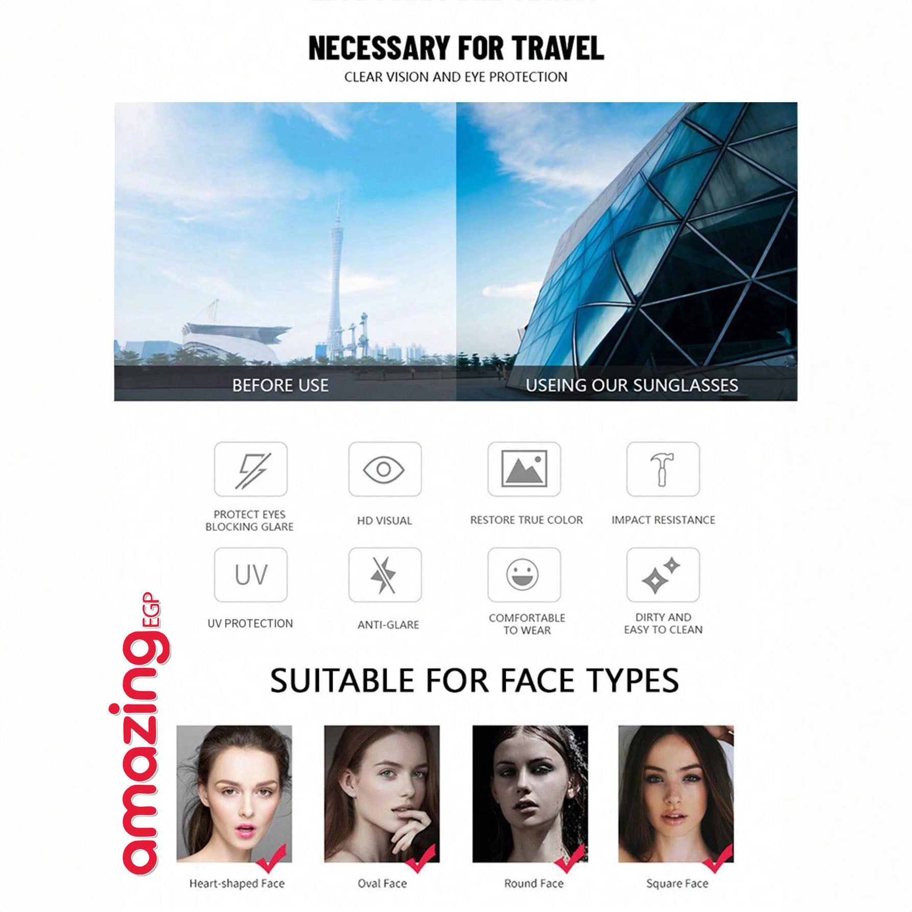 نظارة شمسية نسائية كبيرة الحجم بإطار مربّع كامل UV400 – تصميم كلاسيكي أسود بعدسات رمادي داكن