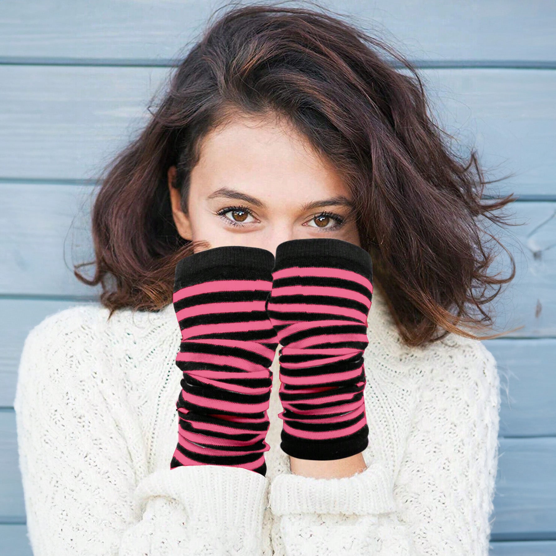 زوج من القفازات الشتوية طويلة بدون أصابع متماسكة قفازات لثقب الإبهام لتدفئة الذراع للنساء والفتيات ، حفلة استخدام زوج واحد -نبيتي X اسود