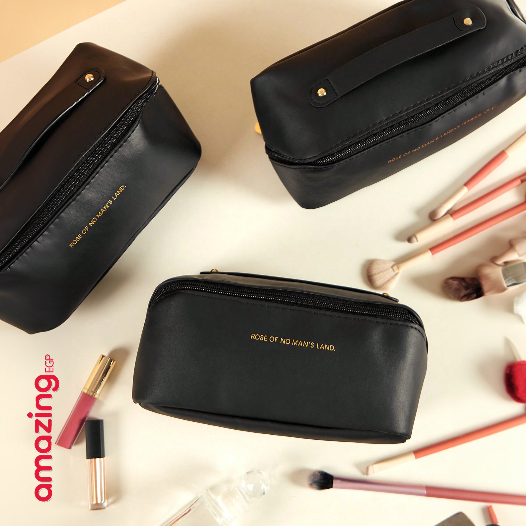 حقيبة تخزين متعددة الوظائف من جلد البولي يوريثين، بسعة كبيرة لتخزين المكياج وأدوات النظافة، مثالية للسفر | قطعة واحدة - جلد صناعي اسود