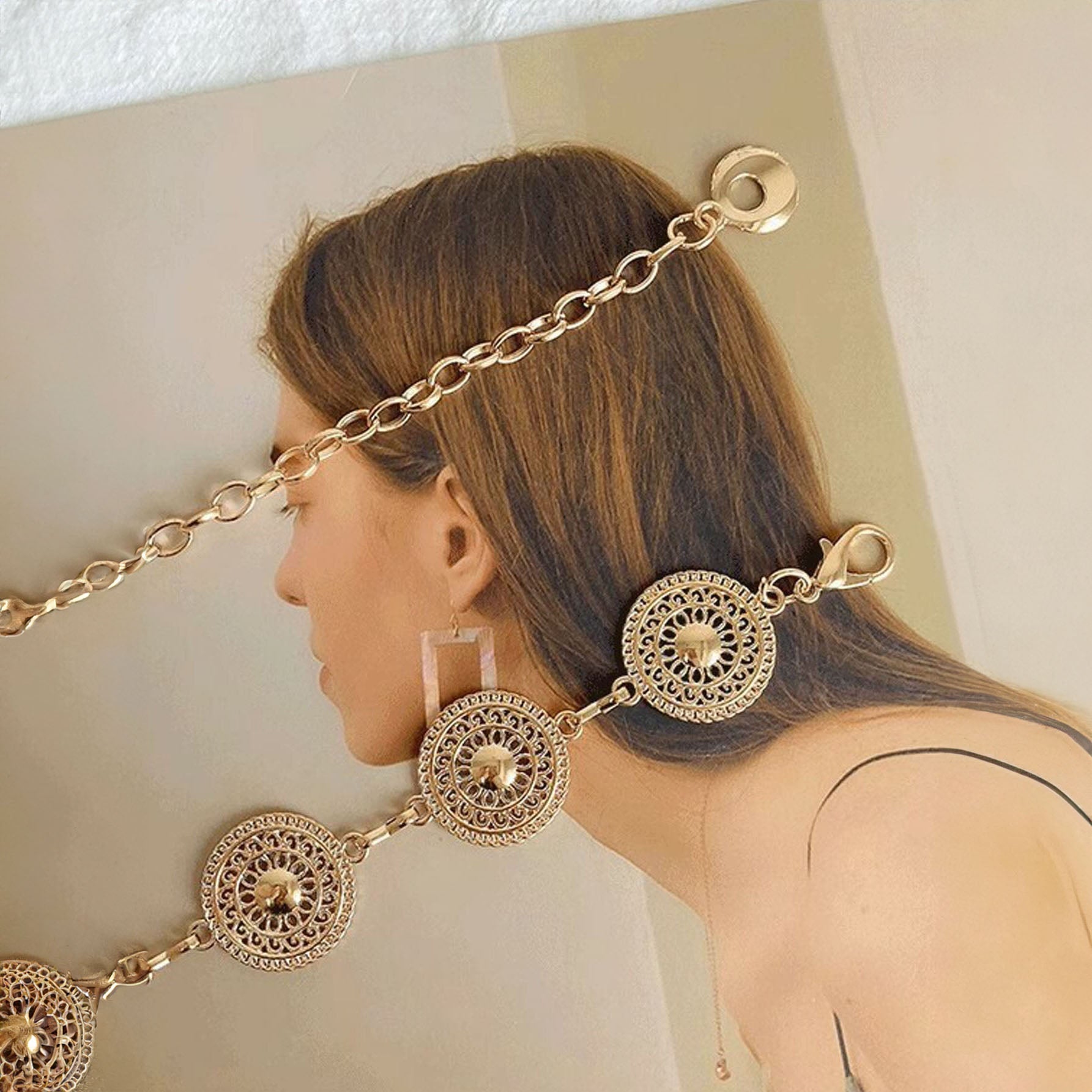 سلسلة خصر أنيقة على الطراز الفاخر شكل دائري، إكسسوار للفستان سلسلة أزياء مزينة بخرز مزيف ، لديكور الجسم - ذهبي