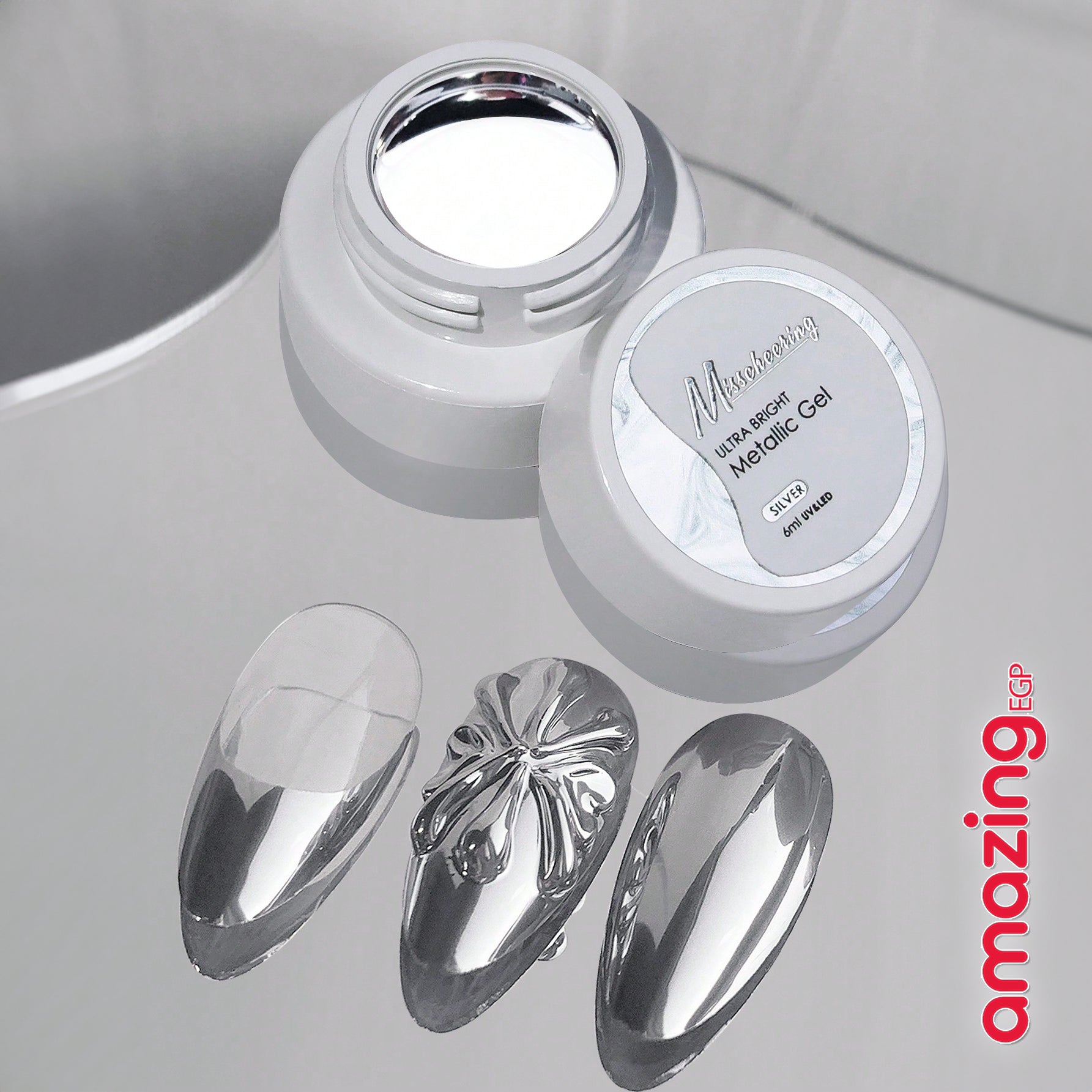 طلاء أظافر جلي جل سائل لامع للمعدن المرآة - 8 جرام | ألوان ذهب، فضة، وذهب وردي | تصميم ثلاثي الأبعاد ومثالي لصالونات الأظافر - فضي