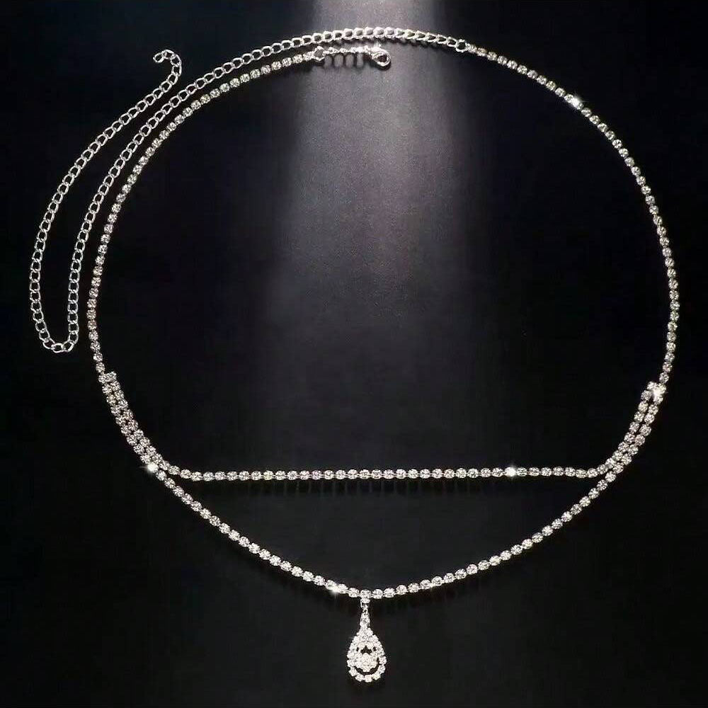 سلسلة خصر طبقتين مرصعة بأحجار الراين – تصميم لامع بقطرة ماء لإطلالة ساحرة على الشاطئ