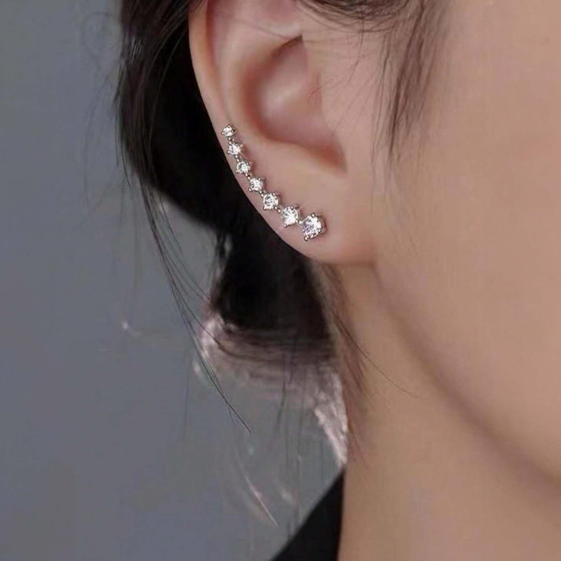 بيرسنج للاذن من الفولاذ المقاوم للصدأ لا تسبب الحساسية زوج من أقراط قلادة النجوم الكلاسيكية الأوروبية والأمريكية المرصعة بالراين، أقراط متدلية فاخرة مرصعة بالزركونات للنساء - فضي