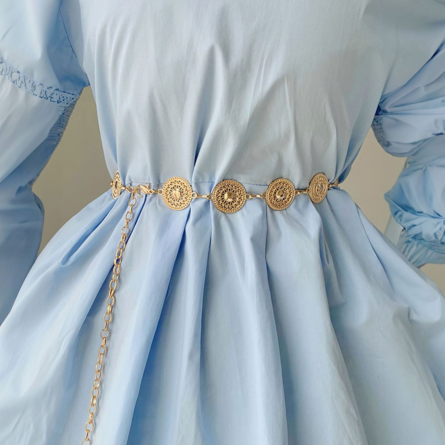 سلسلة خصر أنيقة على الطراز الفاخر شكل دائري، إكسسوار للفستان سلسلة أزياء مزينة بخرز مزيف ، لديكور الجسم - ذهبي