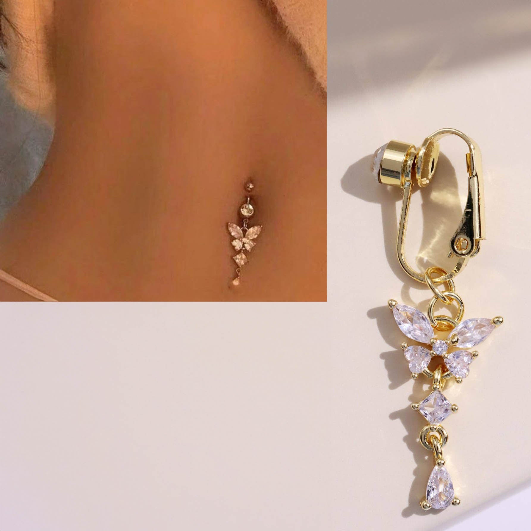 خاتم السرة من الفولاذ المقاوم للصدأ قطعة واحدة ثقب مزيف حلقة سرة بطن مع وردي بتصميم فراشة الى للنساء مجوهرات نحاس مجوهرات غير خارقة سرة البطن للنساء ، مجوهرات ثقب البطن مشبك | قطعة واحدة | ذهبي