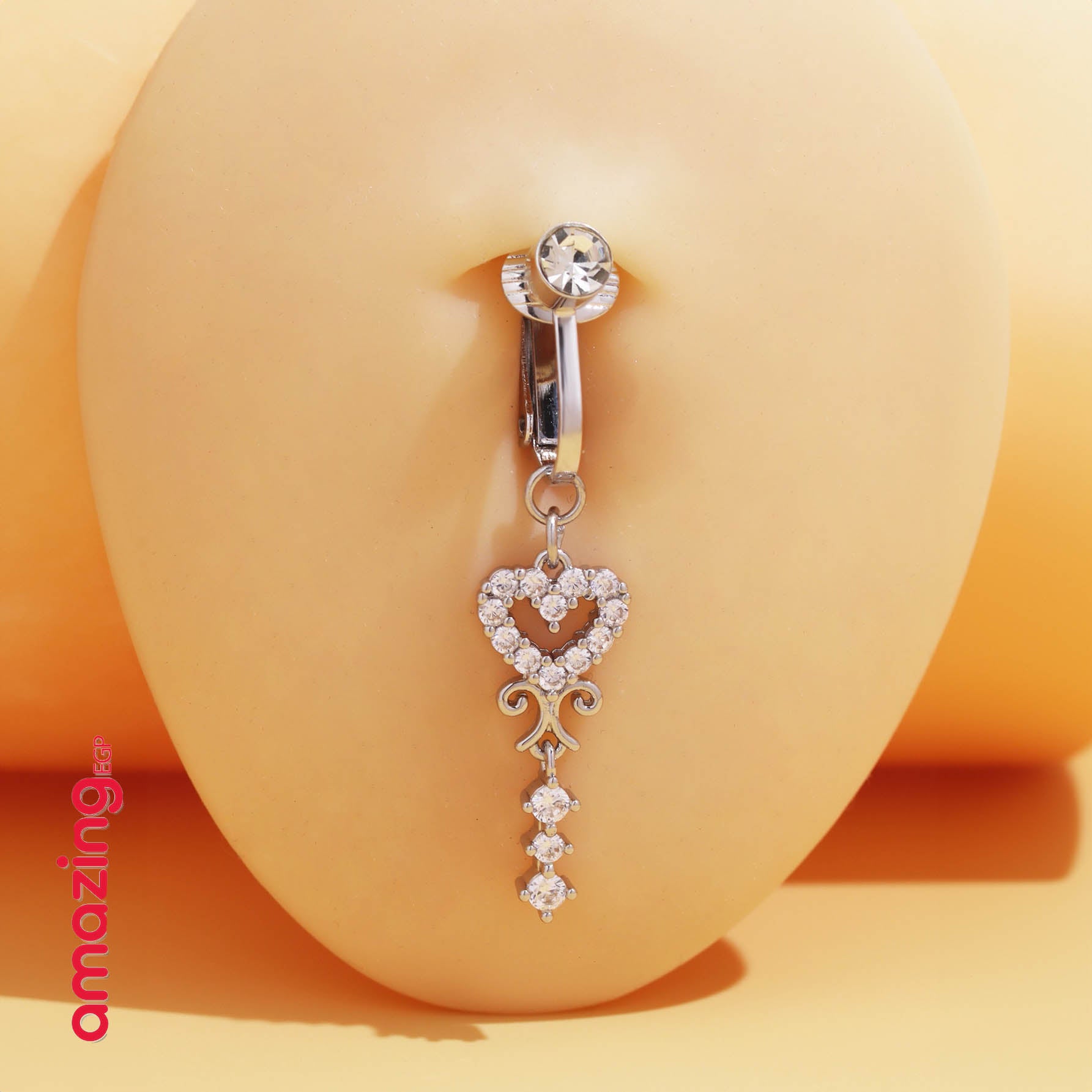 خاتم السرة من الفولاذ المقاوم للصدأ خاتم الموضة شكل القلب مكعب زركونيا غير خارقة سرة البطن للنساء ، مجوهرات ثقب البطن الكلاسيكية للارتداء اليومي | قطعة واحدة | فضي