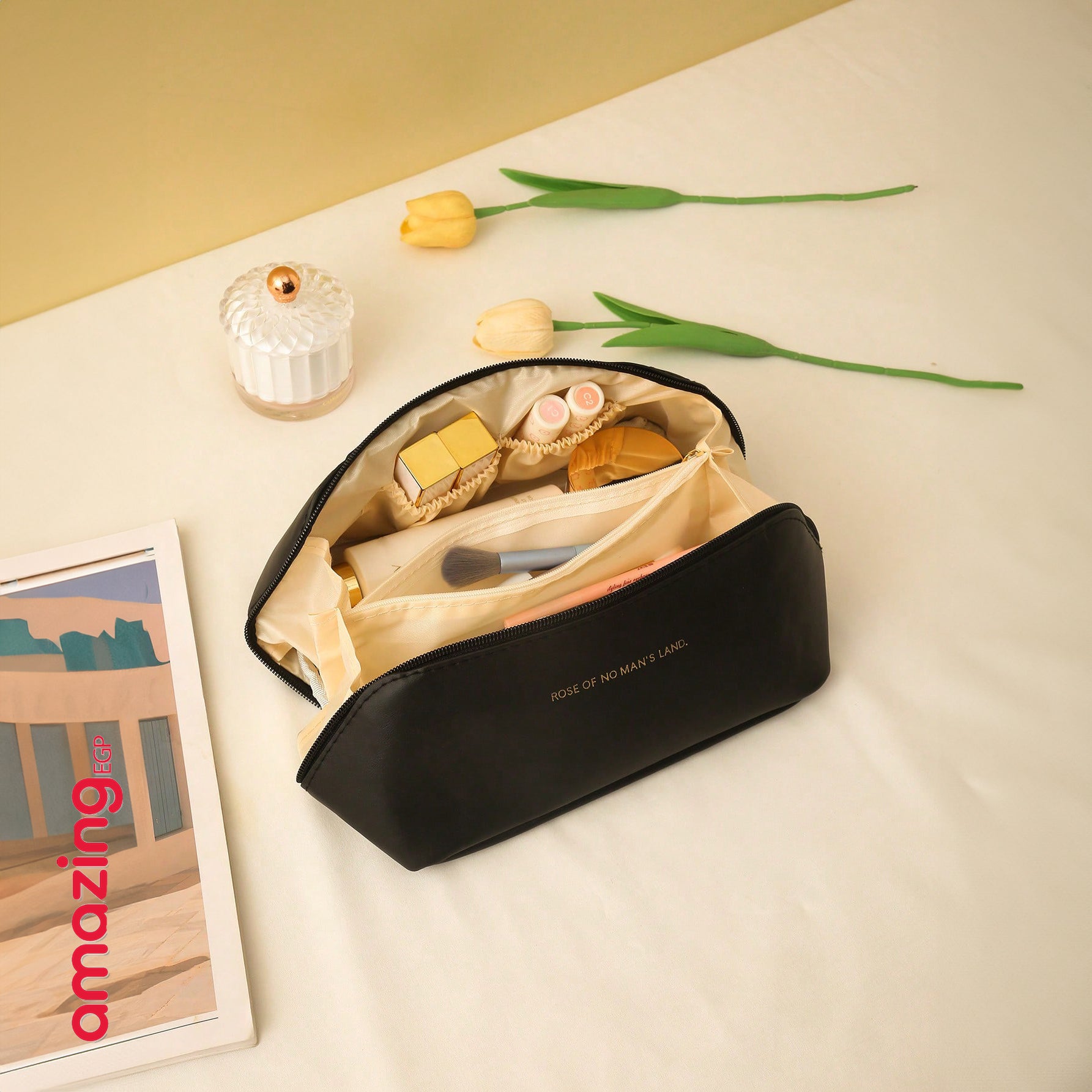 حقيبة تخزين متعددة الوظائف من جلد البولي يوريثين، بسعة كبيرة لتخزين المكياج وأدوات النظافة، مثالية للسفر | قطعة واحدة - جلد صناعي اسود