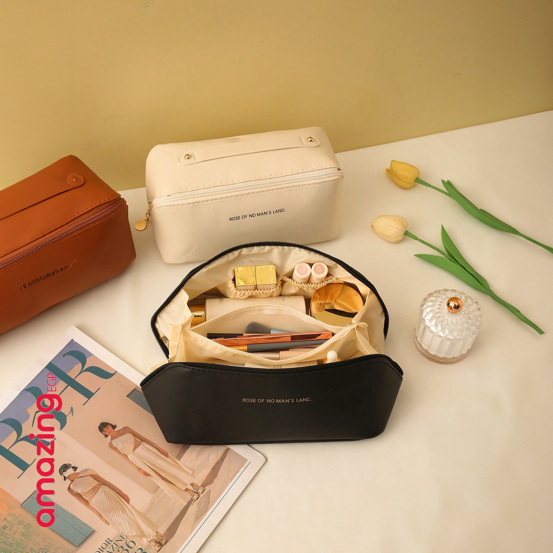 حقيبة تخزين متعددة الوظائف من جلد البولي يوريثين، بسعة كبيرة لتخزين المكياج وأدوات النظافة، مثالية للسفر | قطعة واحدة - جلد صناعي اسود