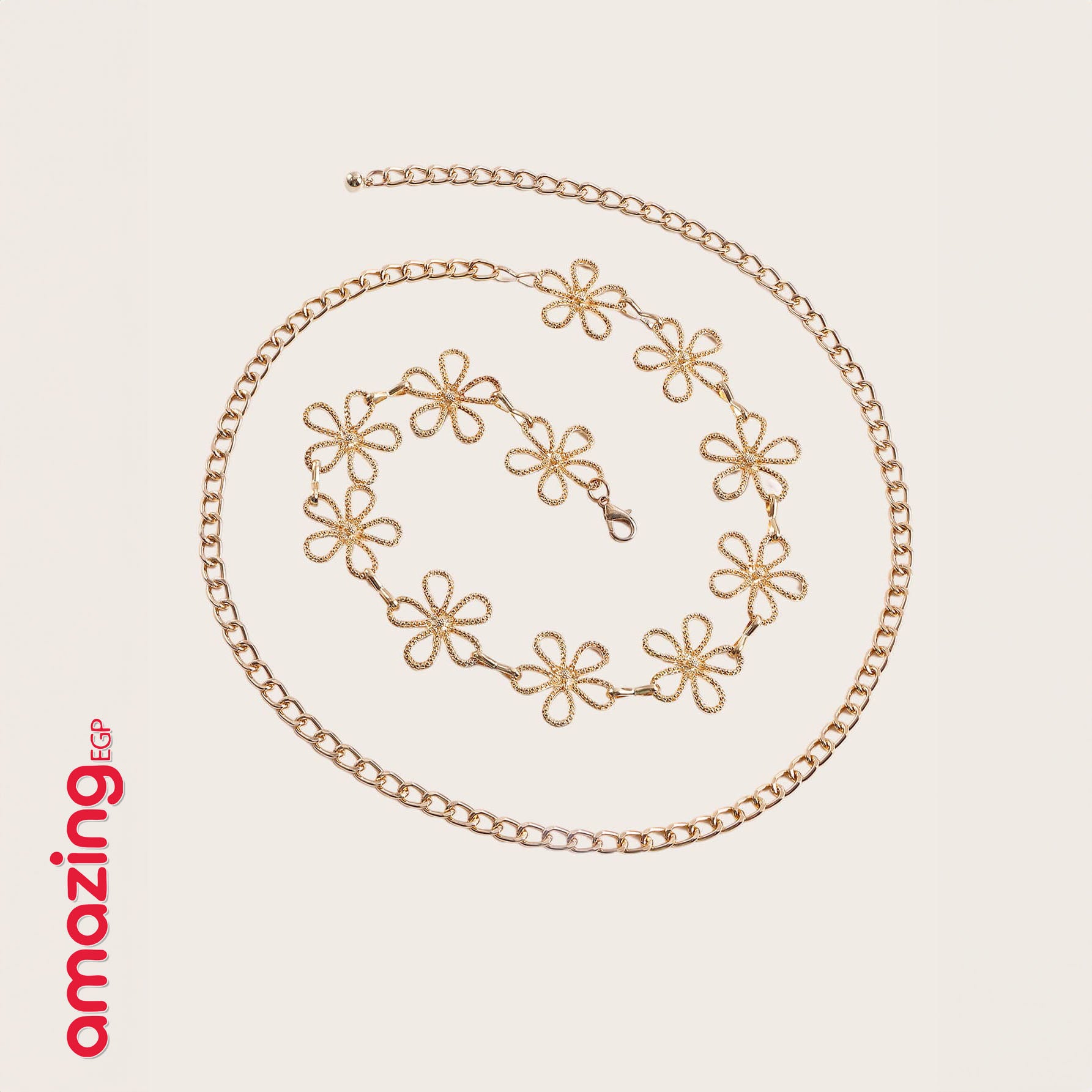 سلسلة خصر/جسم بوهيمية معدنية مجوّفة بشكل زهور – متعددة الطبقات باللون الذهبي