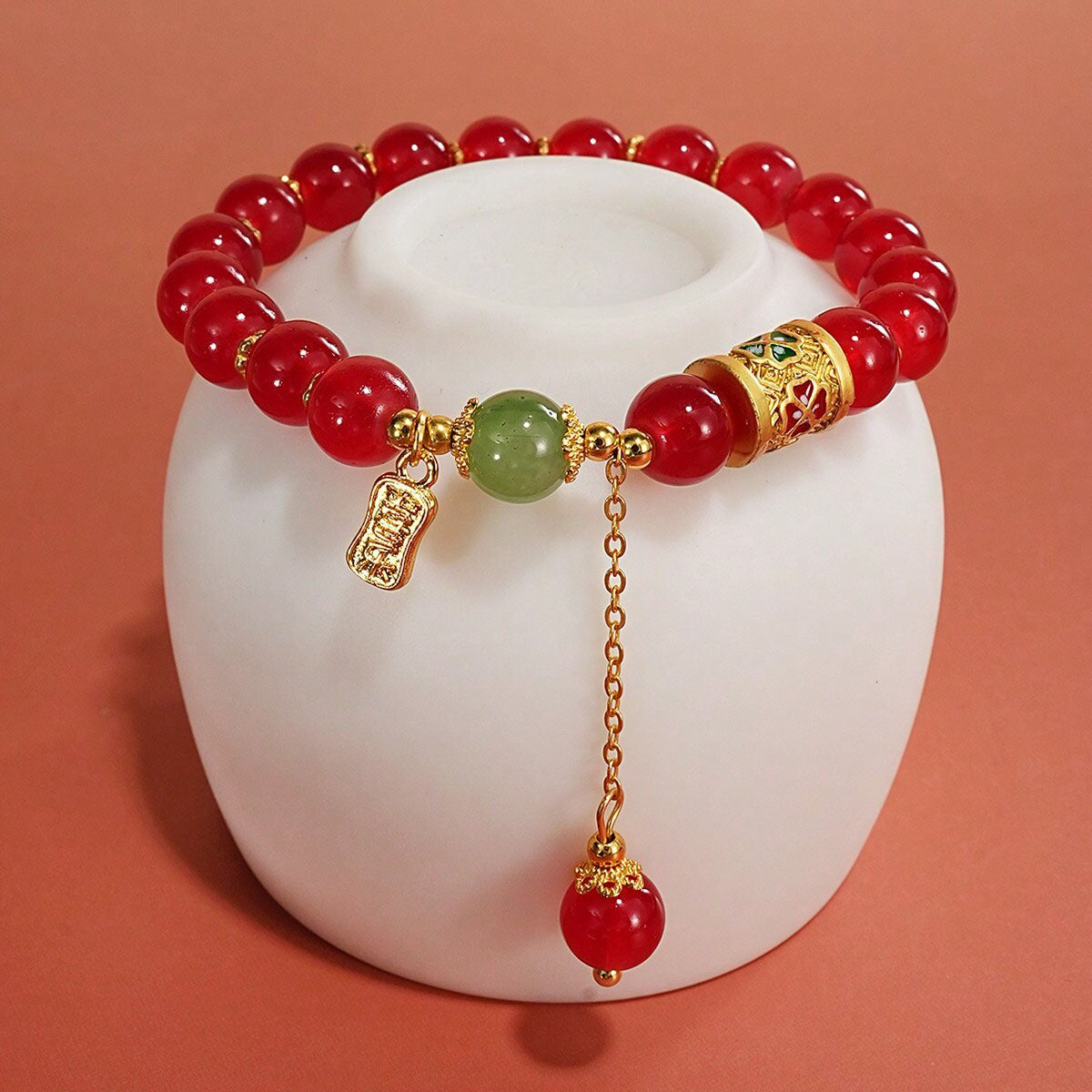 سوار فاخر للجنسين من الأحجار الكريمة سوار حظ رجالي ونسائي من حجر العقيق الأحمر بتصميم عتيق، مصنوع يدويًا من خرز زجاجي