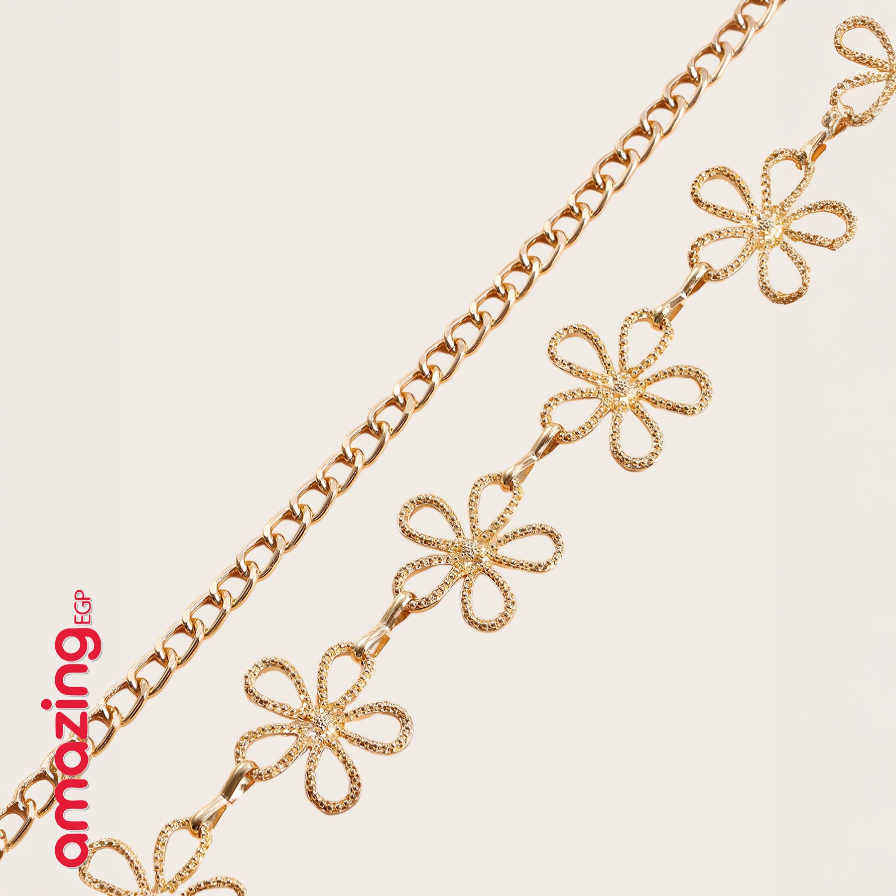 سلسلة خصر/جسم بوهيمية معدنية مجوّفة بشكل زهور – متعددة الطبقات باللون الذهبي
