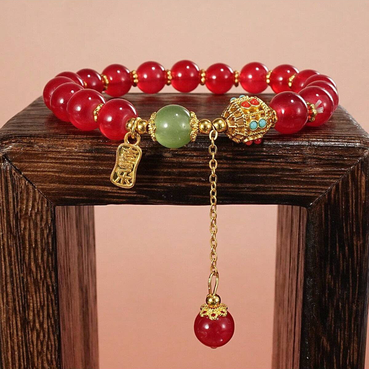 سوار فاخر للجنسين من الأحجار الكريمة سوار حظ رجالي ونسائي من حجر العقيق الأحمر بتصميم عتيق، مصنوع يدويًا من خرز زجاجي