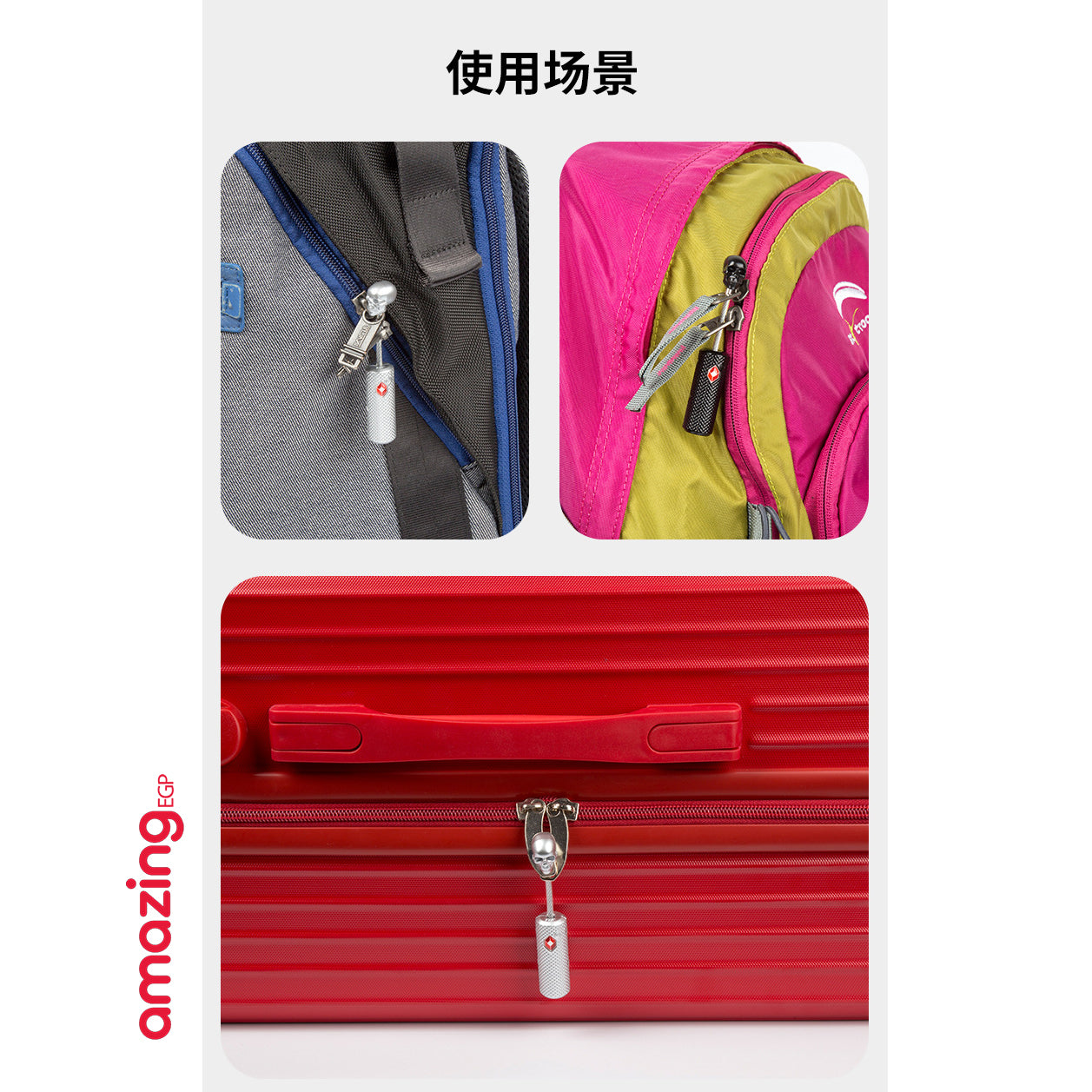 قفل قوي صغير على شكل جمجمة من خليط معدني من الزنك مع مفاتيح من تي اس ايه لشنطة الظهر وشنطة الصالة الرياضية وخزانة المدرسة وشنطة السفر - فضي