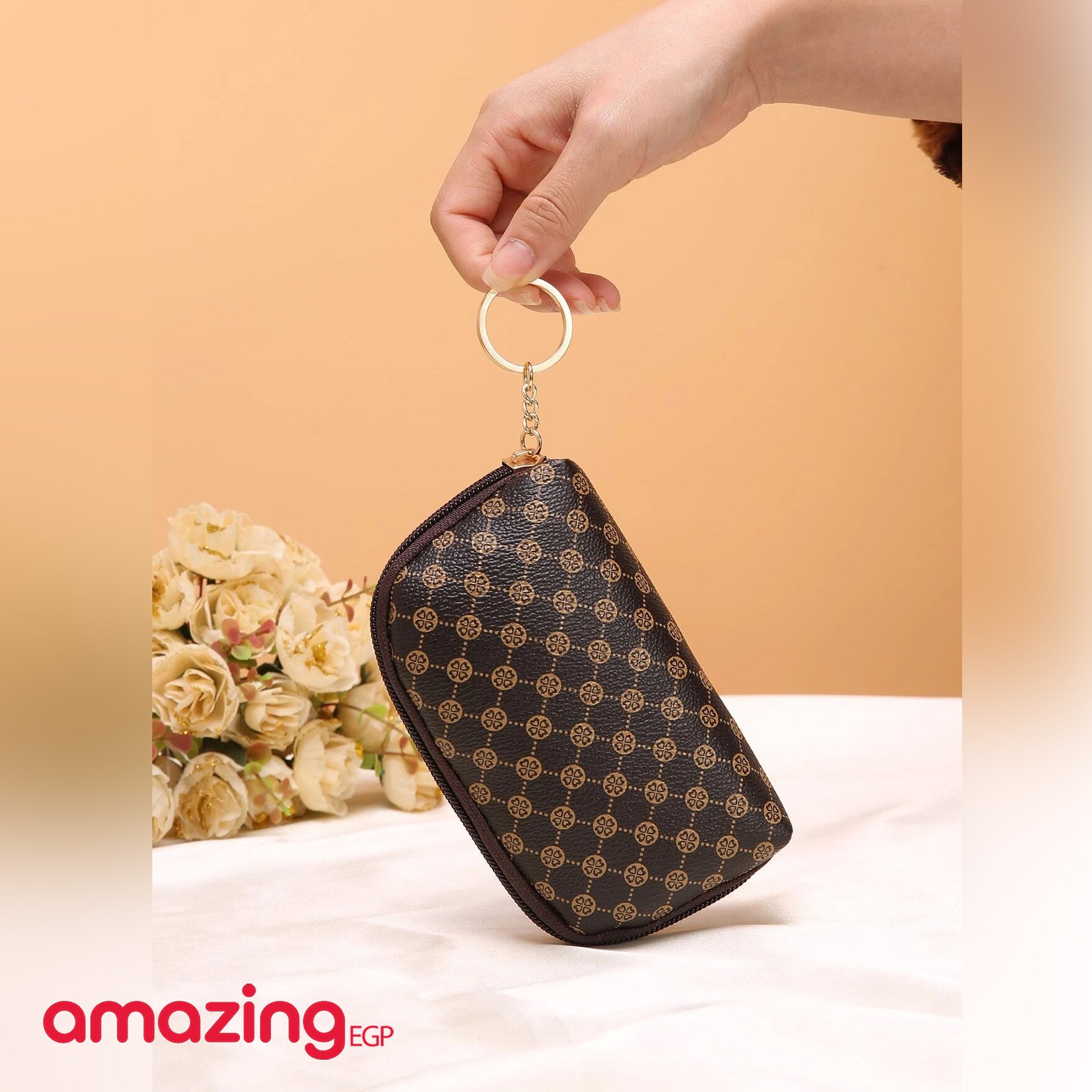 محفظة صغيره مرقع معدني بجرافيك زهر | مناسبة للعملات المعدنية | محافظ نسائية أنيقة (بني شك c)