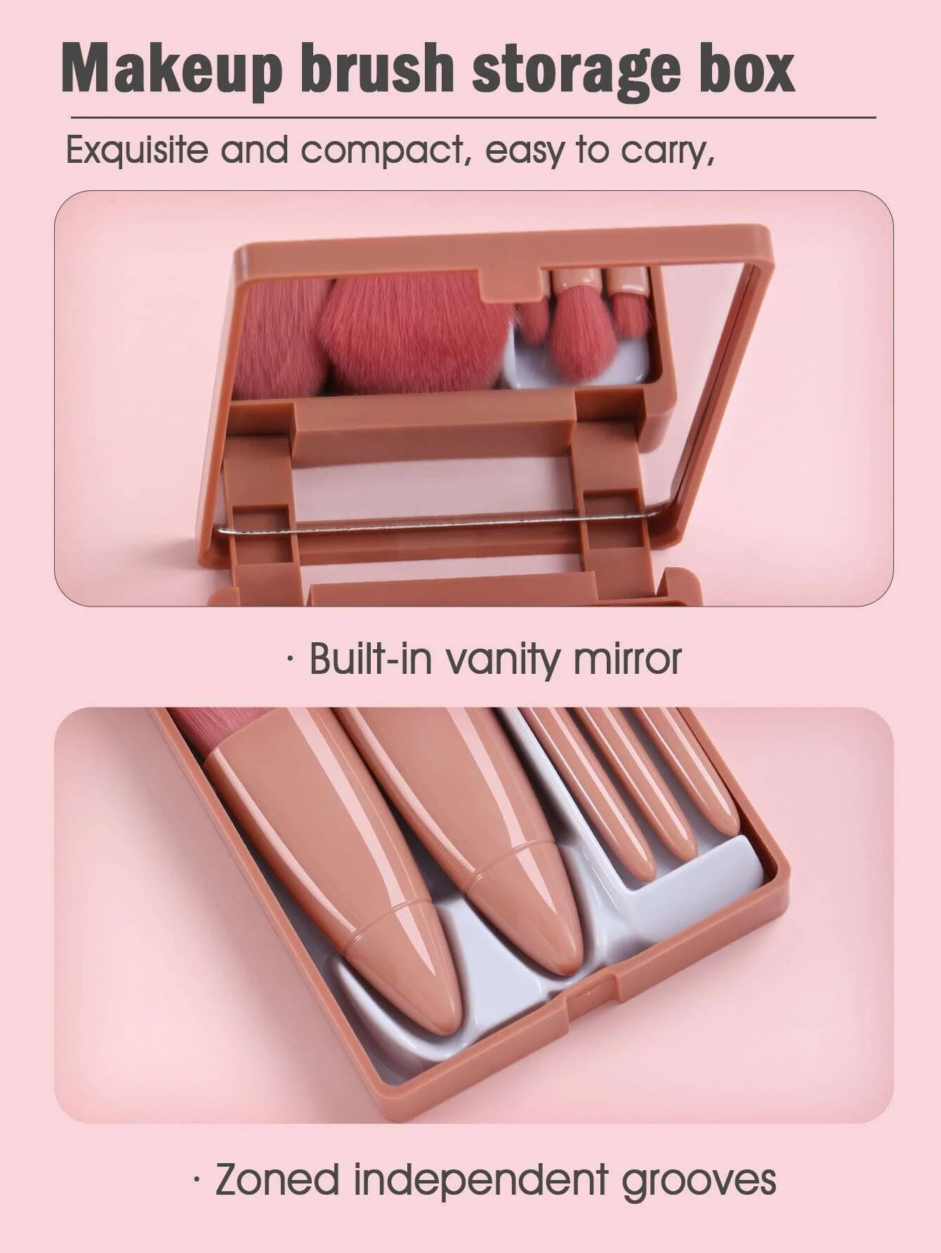 فرشاة ماكياج مع صندوق تخزين مثالية للسفر او الحمل اثناء التنقل، مجموعة فرش ، للنساء والبنات، للمكياج ومستحضرات التجميل والكونسيلر - 5 قطع