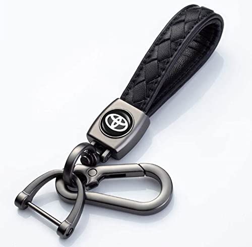 سلسلة مفاتيح مصنوعة من الجلد والمعدن مع شعار سيارة تويوتا، اكسسوارات سلسلة مفاتيح زينة مع شعار، هدية للنساء والرجال (لون اسود) (سيارة تويوتا)