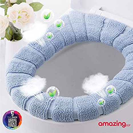 غطاء مقعد المرحاض أكثر سمكا للتدفئة قابلة للتمدد قماش قابل للغسل - ازرق