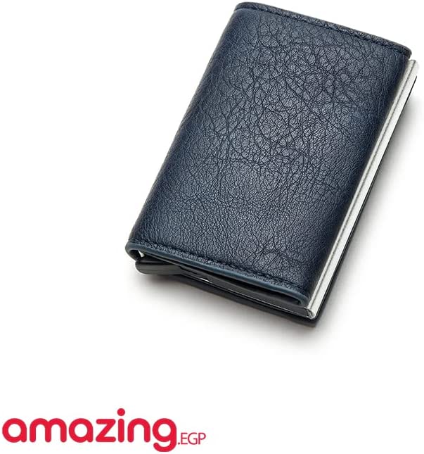 محفظة جلد حامل كروت ومحفظة جلدية مع حامل بطاقات من الالومنيوم مع زر تدرج تلقائي حامل بطاقة خروج للرجال مع ما يصل إلى 7 بطاقات - ازرق غامق
