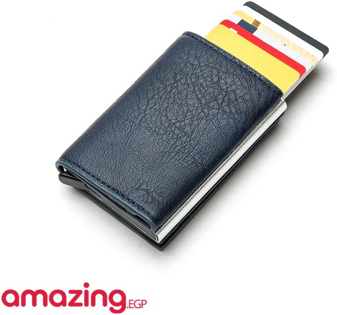 محفظة جلد حامل كروت ومحفظة جلدية مع حامل بطاقات من الالومنيوم مع زر تدرج تلقائي حامل بطاقة خروج للرجال مع ما يصل إلى 7 بطاقات - ازرق غامق