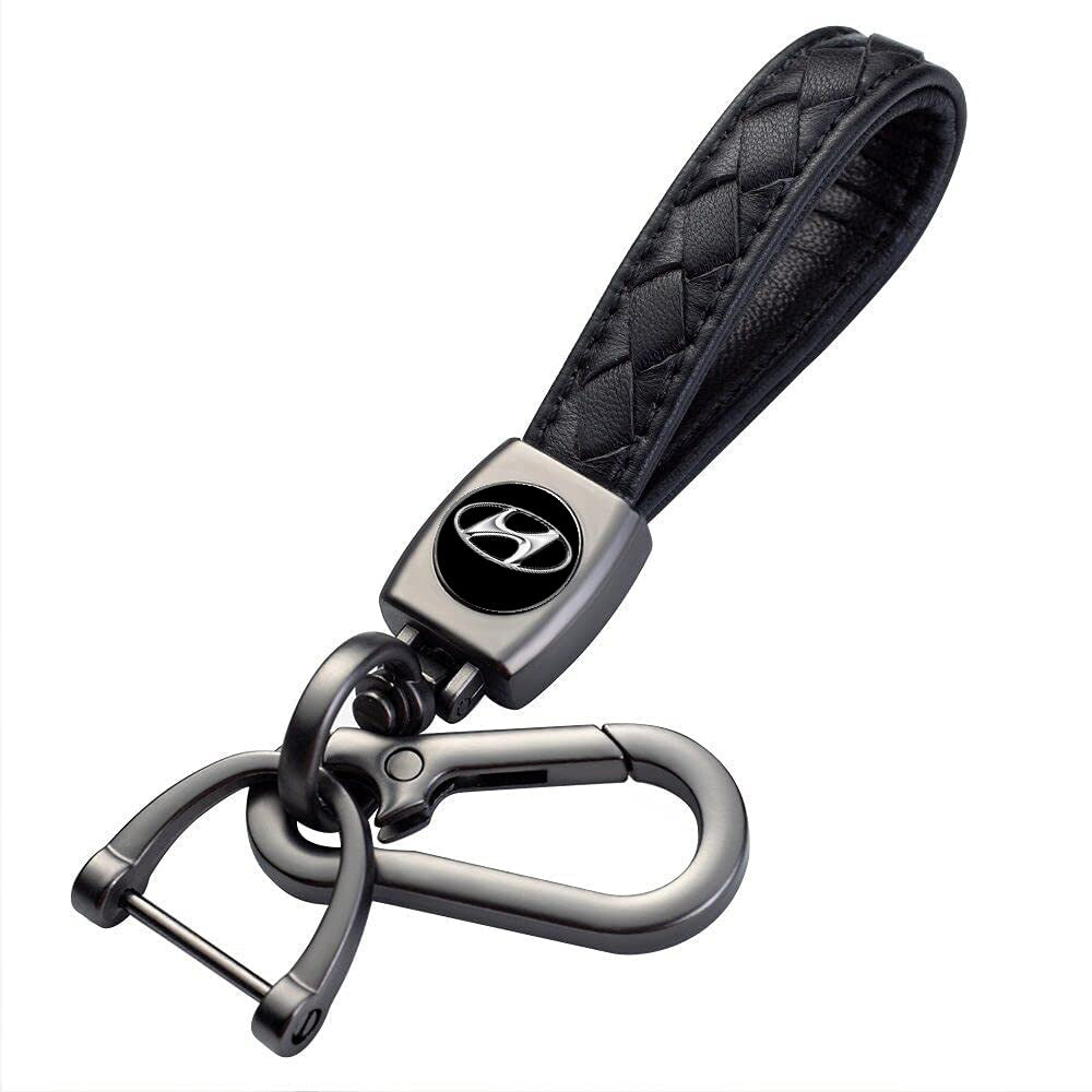 ميدالية مفاتيح معدنية مزينة بشعار سيارة من الجلد الاصلي لمفاتيح السيارة للنساء والرجال (اسود) (هيونداي)