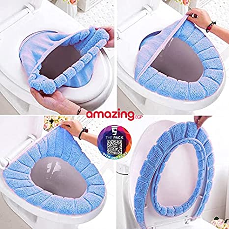 غطاء مقعد المرحاض أكثر سمكا للتدفئة قابلة للتمدد قماش قابل للغسل - ازرق