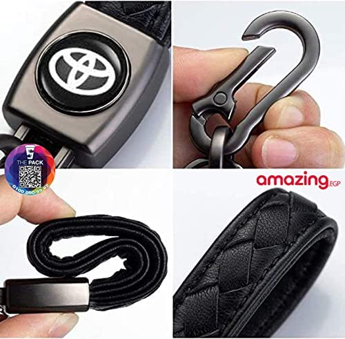 سلسلة مفاتيح مصنوعة من الجلد والمعدن مع شعار سيارة تويوتا، اكسسوارات سلسلة مفاتيح زينة مع شعار، هدية للنساء والرجال (لون اسود) (سيارة تويوتا)