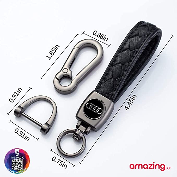 سلسلة مفاتيح من الجلد لسيارة اودي، سلسلة معدنية بحلقات مفاتيح لتزيين اكسسوارات حلقة مفاتيح مع شعار هدية للنساء والرجال (اسود) (اودي)