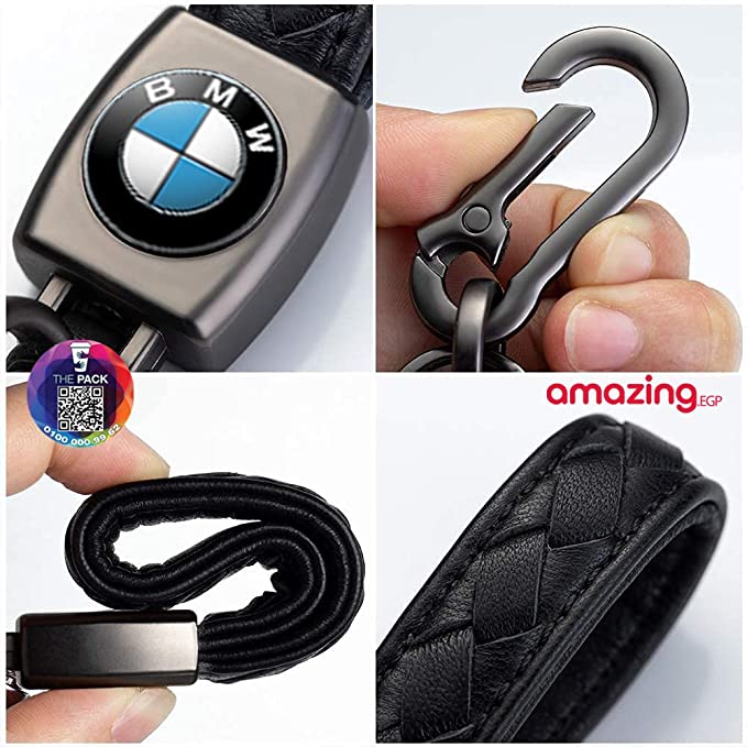 سلسلة مفاتيح معدنية مزينة بشعار سيارة من الجلد الاصلي لسيارة بي ام دبليو بنز للنساء والرجال (اسود)