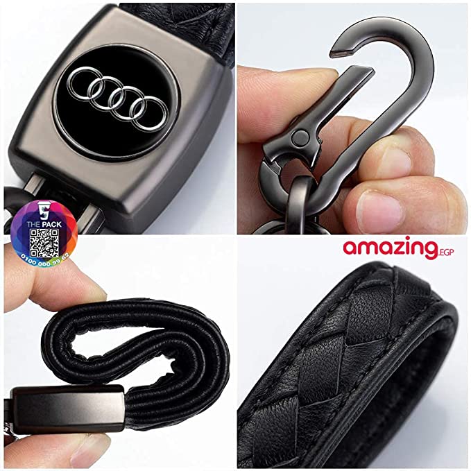 سلسلة مفاتيح من الجلد لسيارة اودي، سلسلة معدنية بحلقات مفاتيح لتزيين اكسسوارات حلقة مفاتيح مع شعار هدية للنساء والرجال (اسود) (اودي)