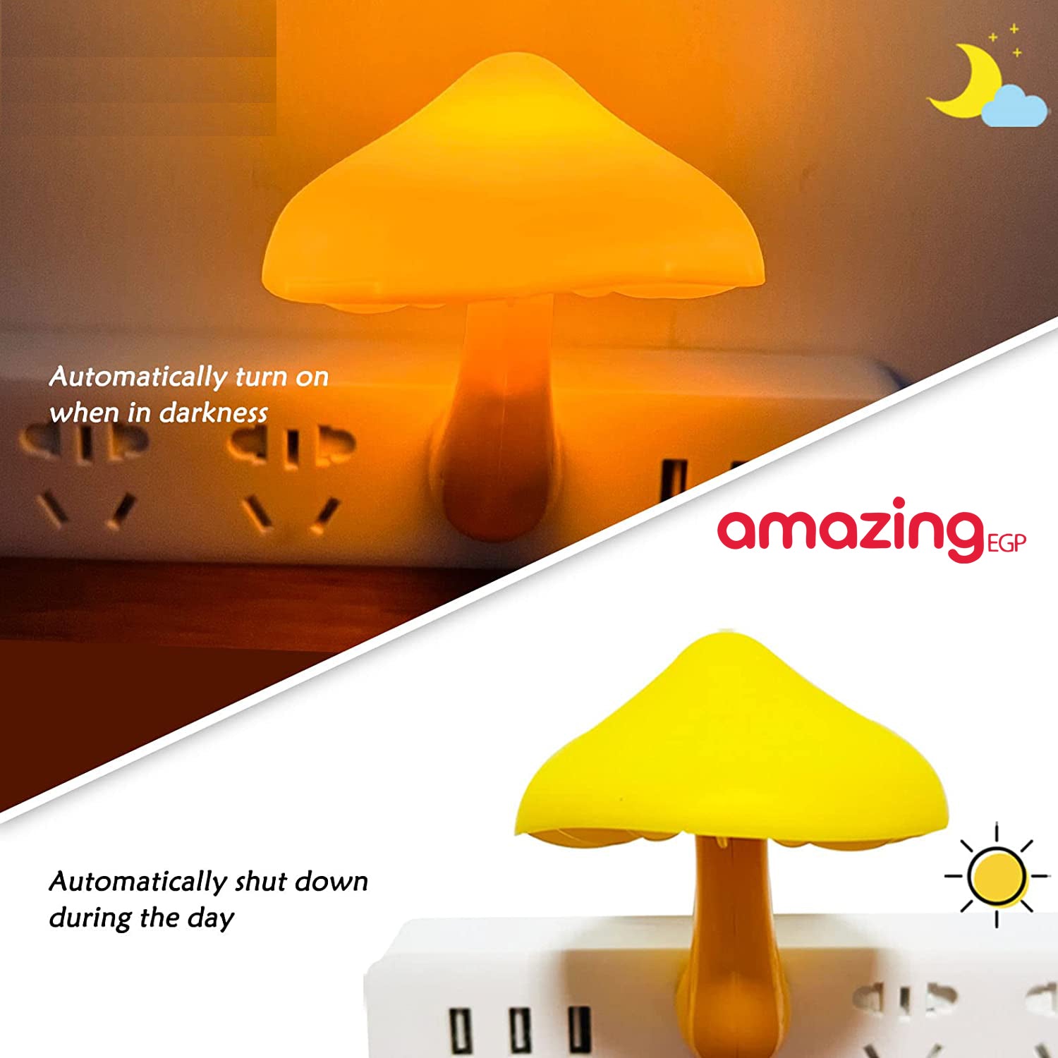 مصباح زينة ليلي لغرفة النوم بمستشعر للضوء | يعمل اوتومتك عند الظلام | واضاءة ليد موفرة وبتصميم على شكل زهرة الفطر - اصفر