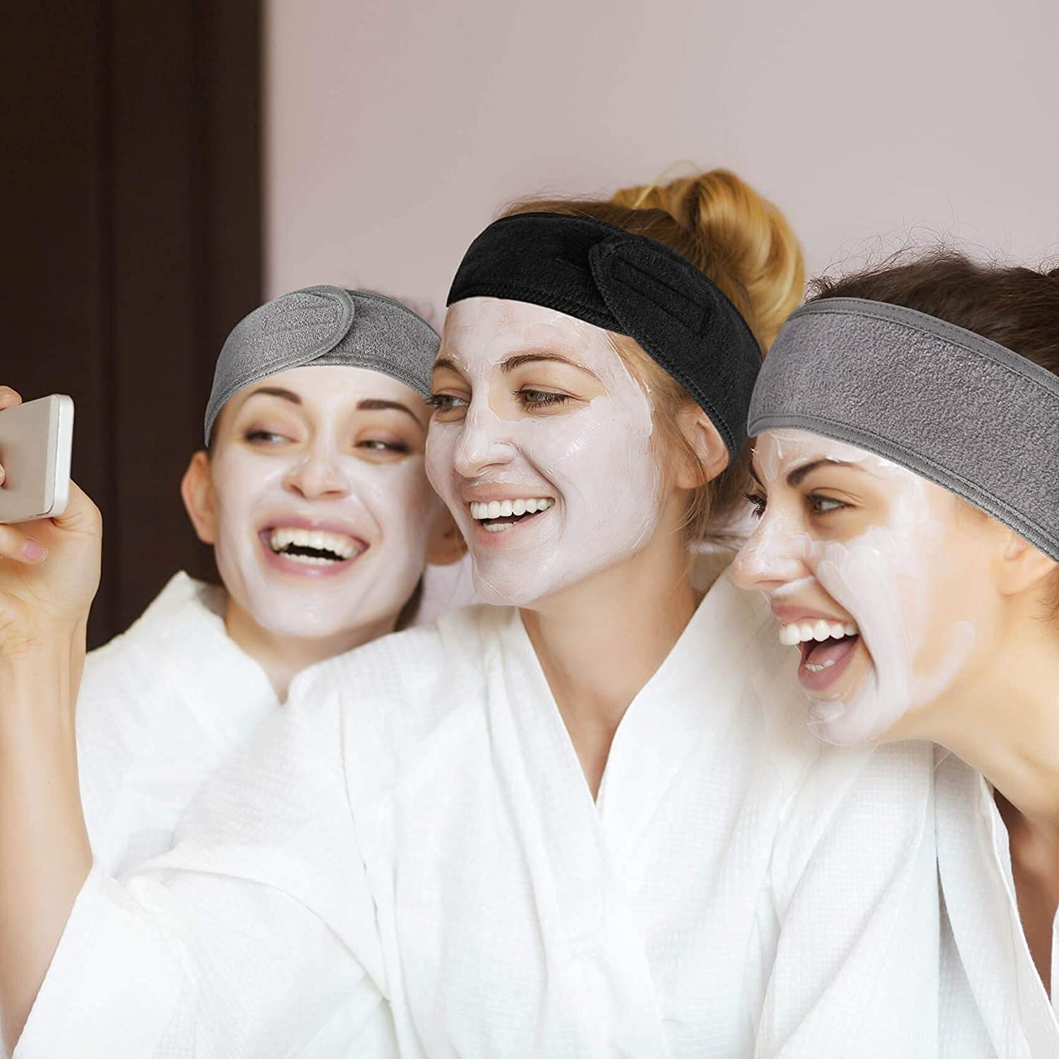 عصابة رأس للوجه من بينك سبا مصنوعة من ويلاين للرأس قابلة للتعديل مع شريط سحري - 3 قطع