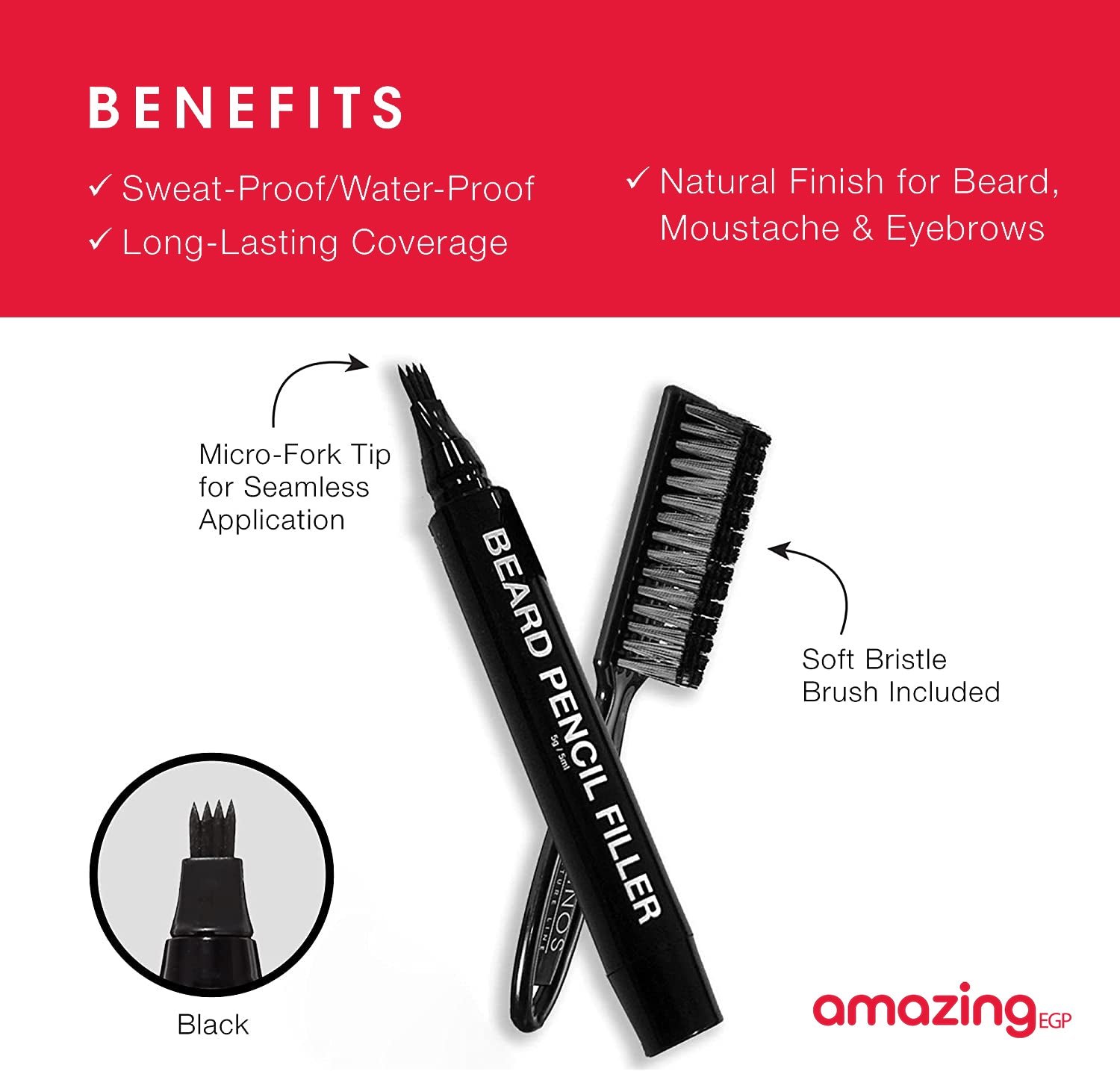 قلم حشو اللحية  للرجال - مقاوم للماء والعرق ، يدوم طويلاً - قلم اللحية مع فرشاة صغيره يخلق لحية وشارب وحواجب ذات مظهر طبيعي