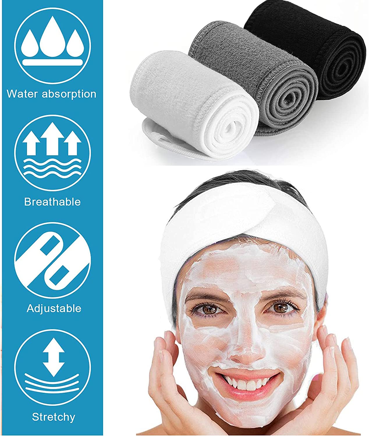 عصابة رأس للوجه من بينك سبا مصنوعة من ويلاين للرأس قابلة للتعديل مع شريط سحري - 3 قطع
